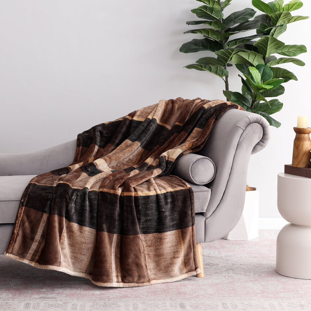 Super Soft Flannel Printed Velvet Plush Super Soft Throw Blanket, Oversized, Shelton Brown Plaid - Luxury Knitted Decorative Throw Blanket with Fringes Detail