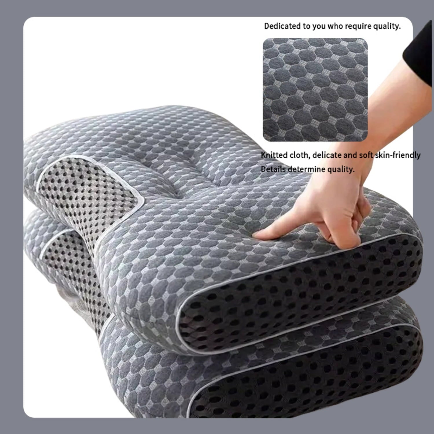 Orthopedic Support 2-Piece Set - 24"x15" Gray Bed for Back, Side, Stomach Sleepers - Hotel Quality Plush Sleeping Pillows Detail
