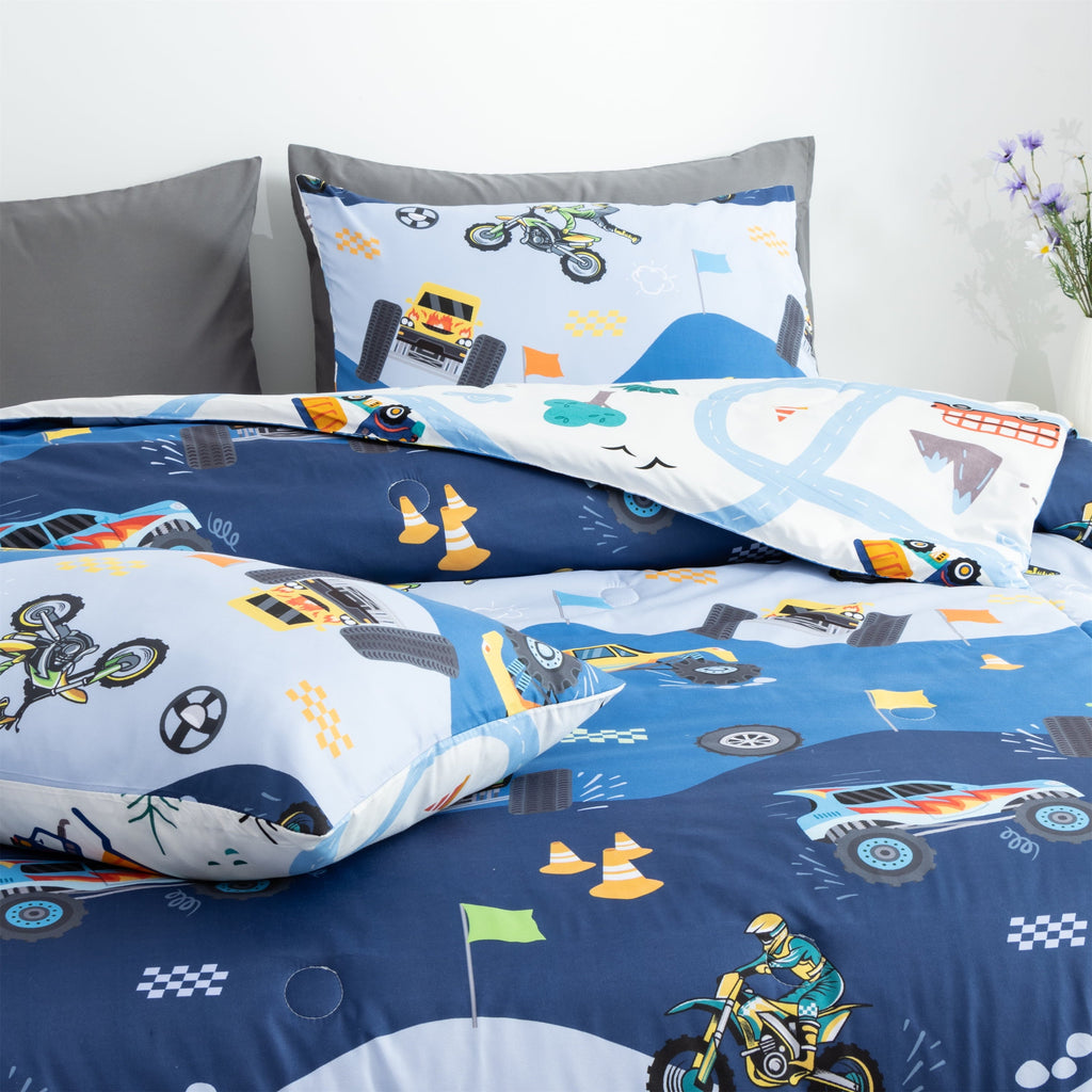 Hypoallergenic Cloud 3Pcs Reversible Construction Truck Twin Comforter Set for Boys Kids Excavator Vehicle Motorcycle Bedding Set Blue - All-Season Down Alternative Comforter Insert Detail