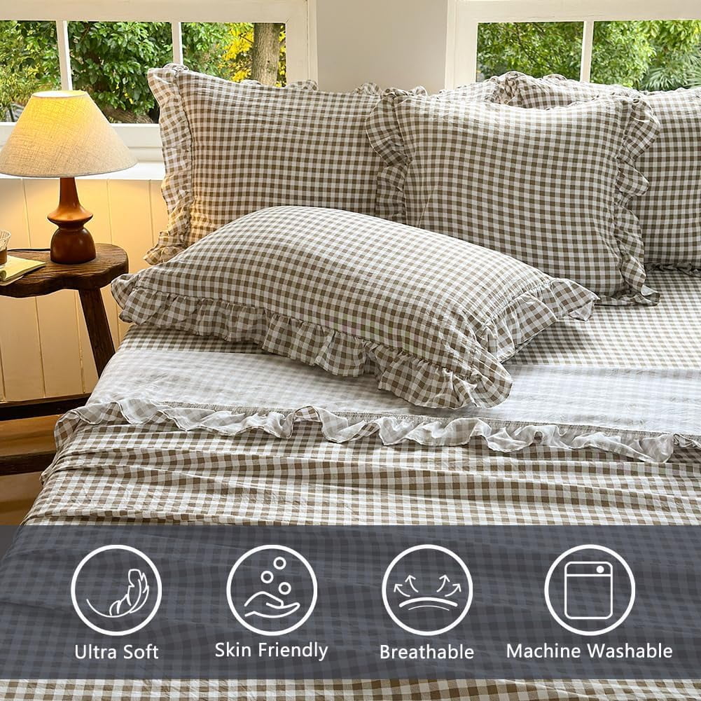 Premium Egyptian Cotton Tan Gingham Ruffle Queen Sheet Set, Taupe Soft Pre-Washed Microfiber Plaid Ruffled Queen Bed Sheets, 4-Pieces Farmhou... - Breathable Egyptian Cotton Flat & Fitted Sheets Detail