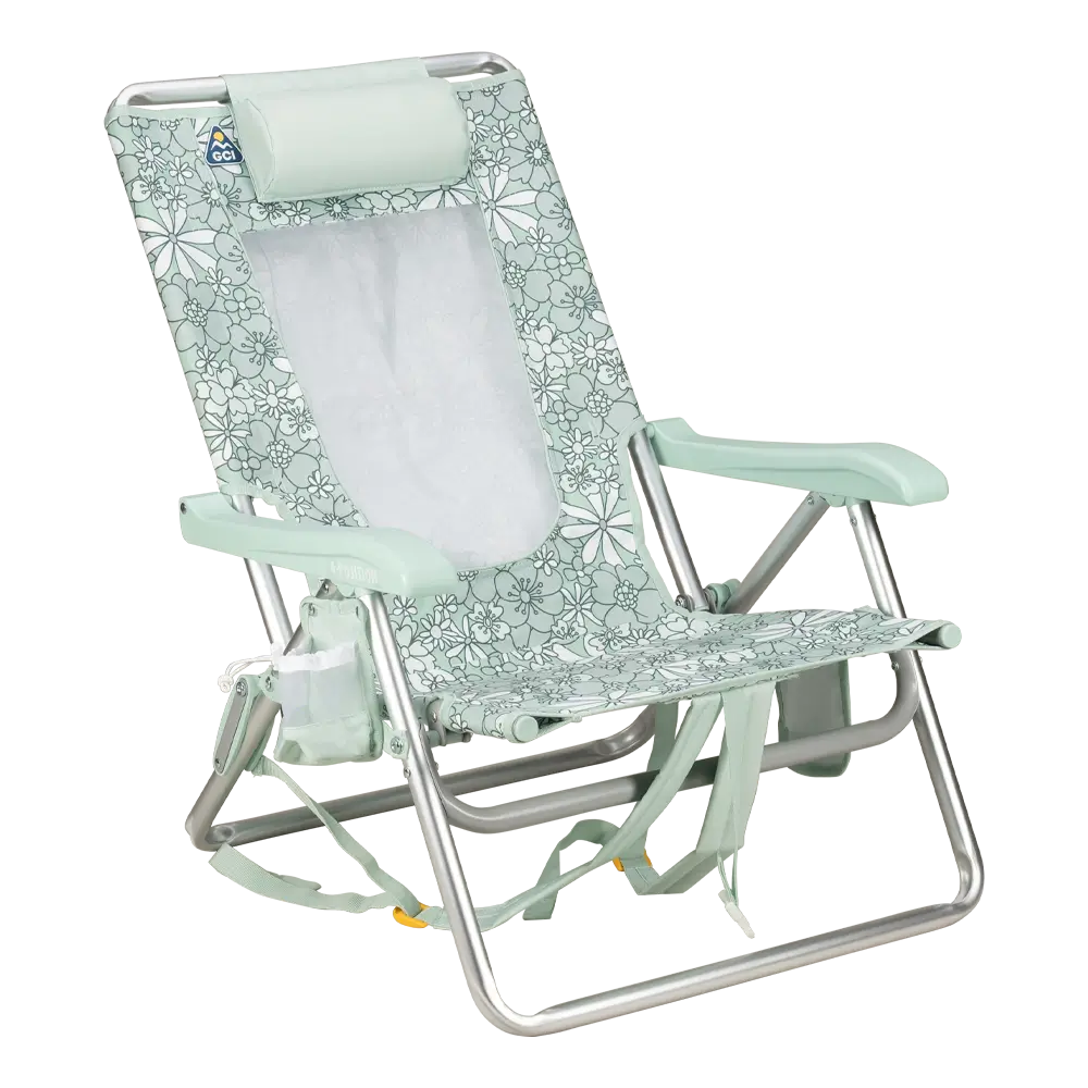 Reclining Beach Backpack Beach Chair - Choice 709 - Low-Profile Reclining Beach Chair with Backpack Straps - Floral Pastel Green