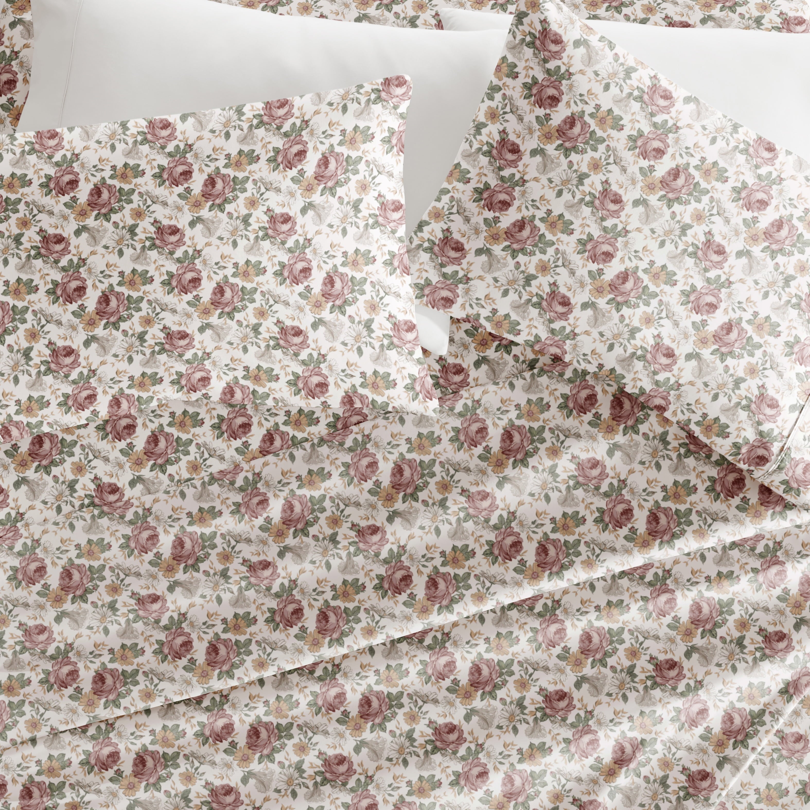 Ultra-Soft 4 Piece Pattern Microfiber Bed Sheets Set, Blooming Floral Rose, Queen - Breathable Egyptian Cotton Flat & Fitted Sheets Detail