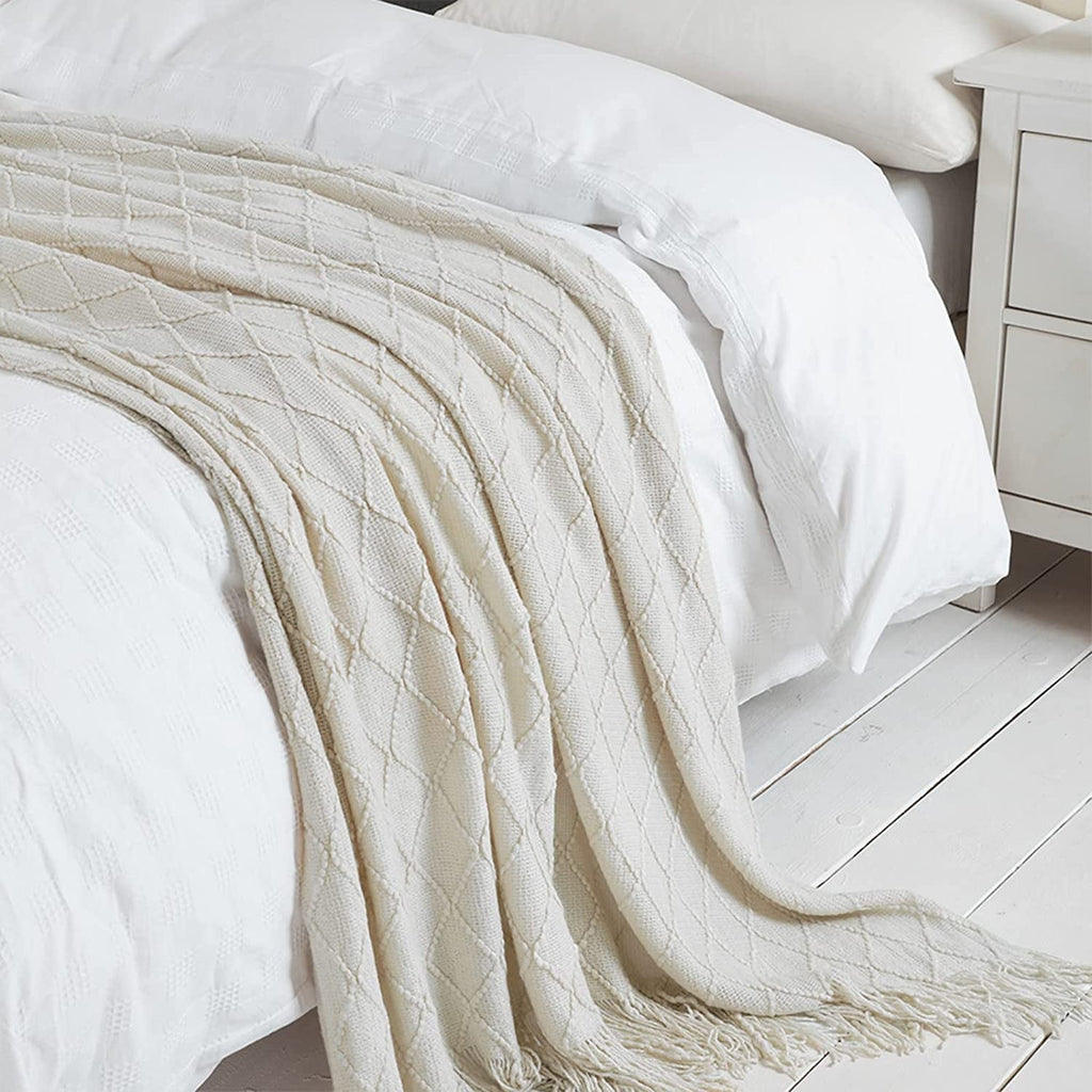 Lightweight Warm Rhombus Beige Throw Blanket, Soft and Lightweight, 50"x 60" - Luxury Knitted Decorative Throw Blanket with Fringes Detail