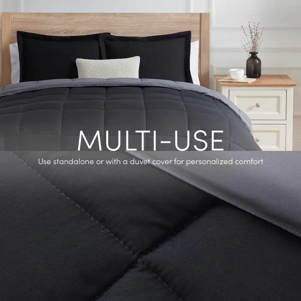 Fluffy Down Alternative Queen Comforter Set, 3 Piece Bed in a Bag, Reversible Down Alternative Bedding Set, Black & Gray - Luxurious Quilted Duvet Cover Set Detail