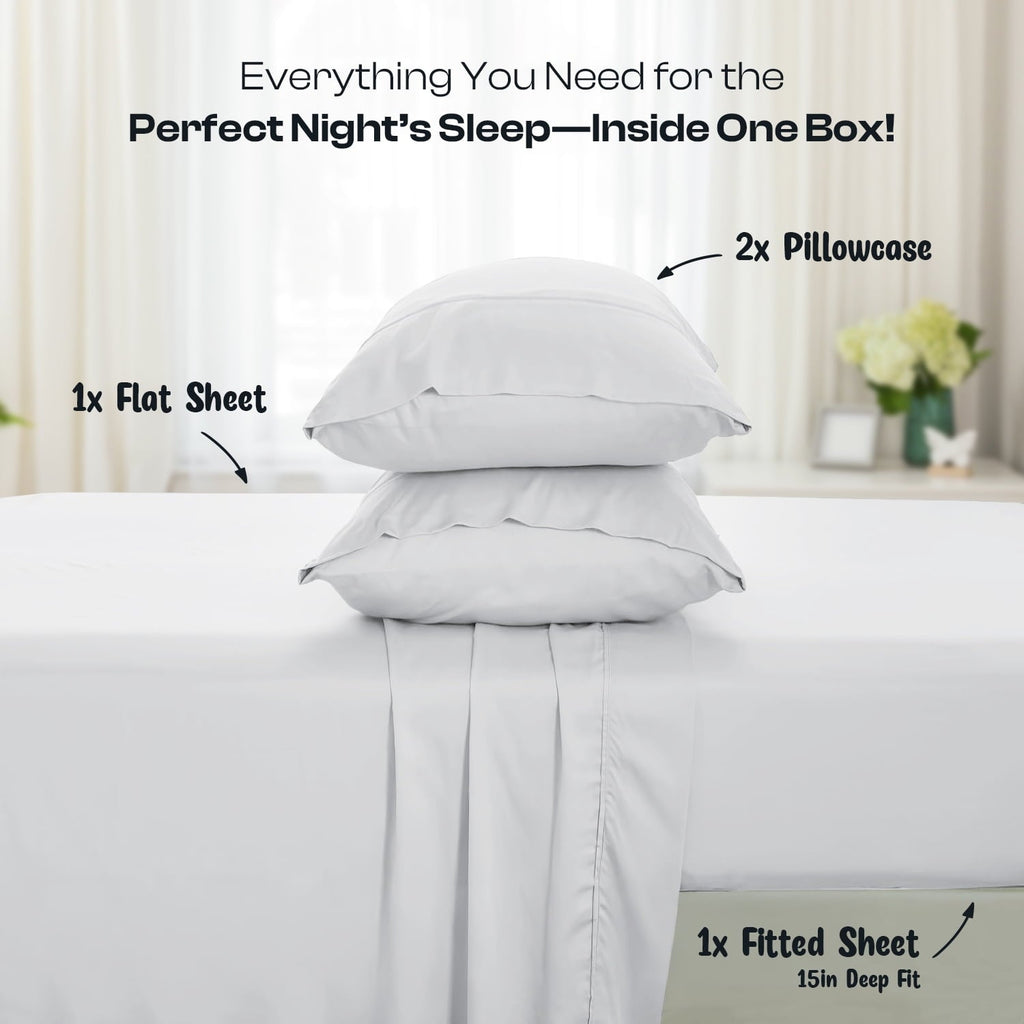 Breathable Luxury IR 3 Piece 1800 Series Deep Pocket Soft Microfiber Solid Bed Sheet Set for Kids, White Twin Size - Cooling Hotel Quality Bedding Sheets and Pillowcases Detail