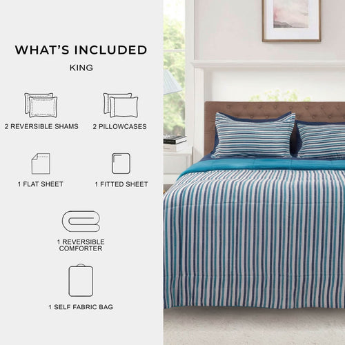 All-Season All in One Reversible Comforter and Sheet Set- 7 Piece, Queen, Blue Pinstripe - All-Season Down Alternative Comforter Insert Detail