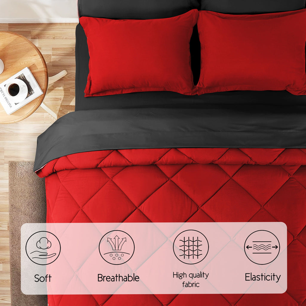 All-Season 7 Piece Reversible Queen Comforter Set - Red Quilted Down Alternative Bedding All Season Super Soft Microfiber Bed in... - Cloud-Like Soft Lightweight Bed Comforter Detail