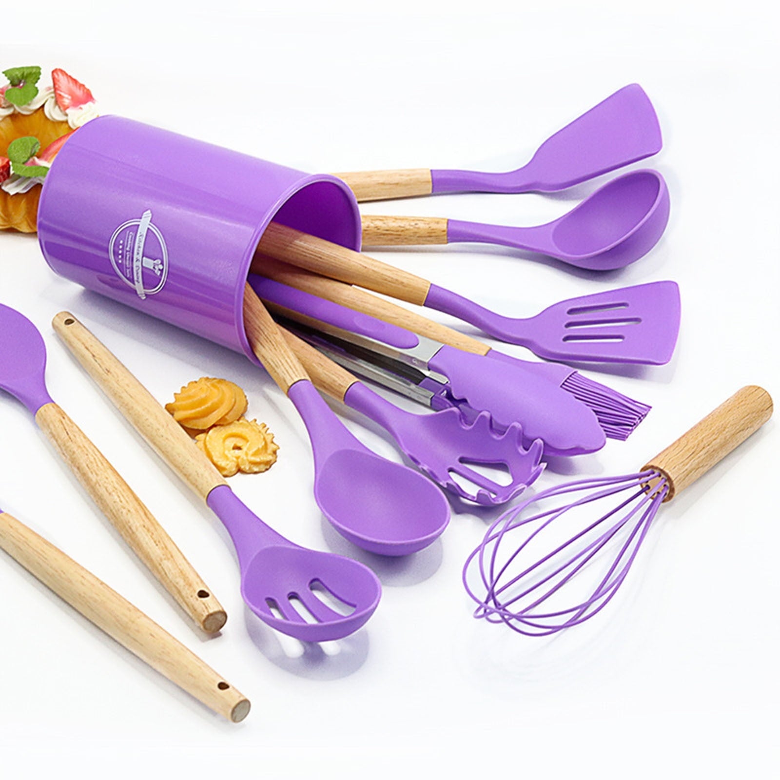 Premium Silicone 12Pcs Cooking Kitchen Utensils Set with Holder,Wooden Handles Cooking Tool,BPA Free,Non Toxic Turner Tongs Spa... - Durable Turner & Ladle Utensil Set for Home Chefs Detail