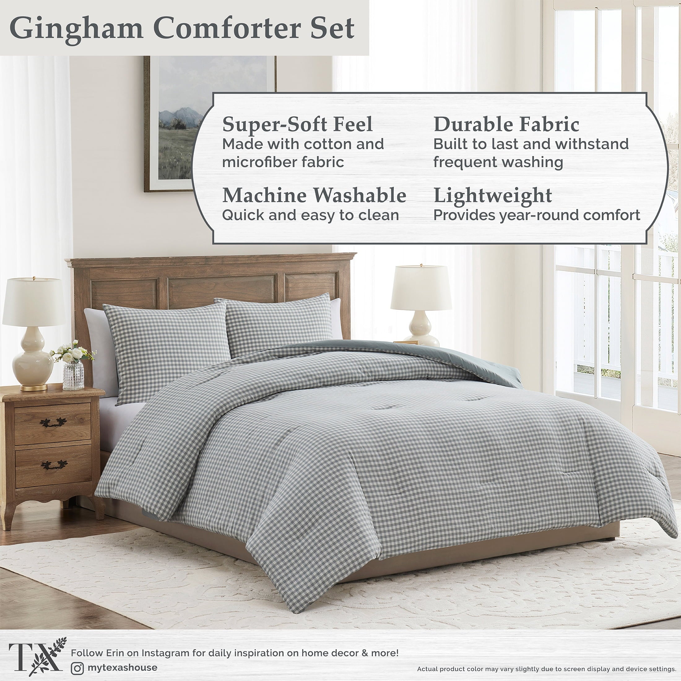Luxurious Quilted Full/Queen Comforter Set, All-Season, 3-Piece, Green Gingham Plaid - Hypoallergenic Ultra-Fluffy Quilt for Winter Detail
