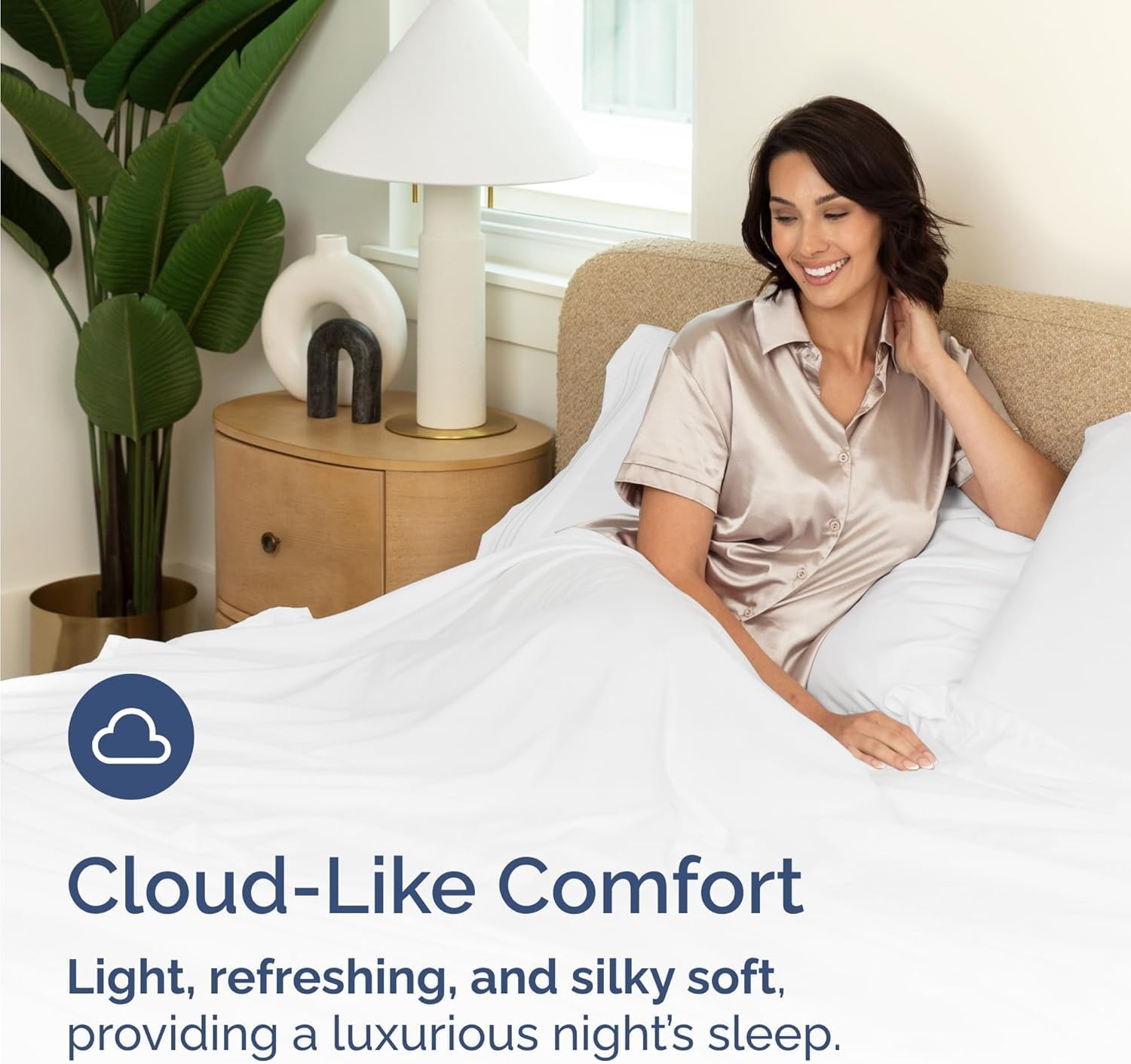 Cooling Sateen 4-Piece Luxury Bamboo Cooling Sheet Set - Queen Size 100% Bamboo Derived Rayon Premium Bed Sheets, White - Premium Ultra-Soft Pillowcase Pair for Sleeping Detail