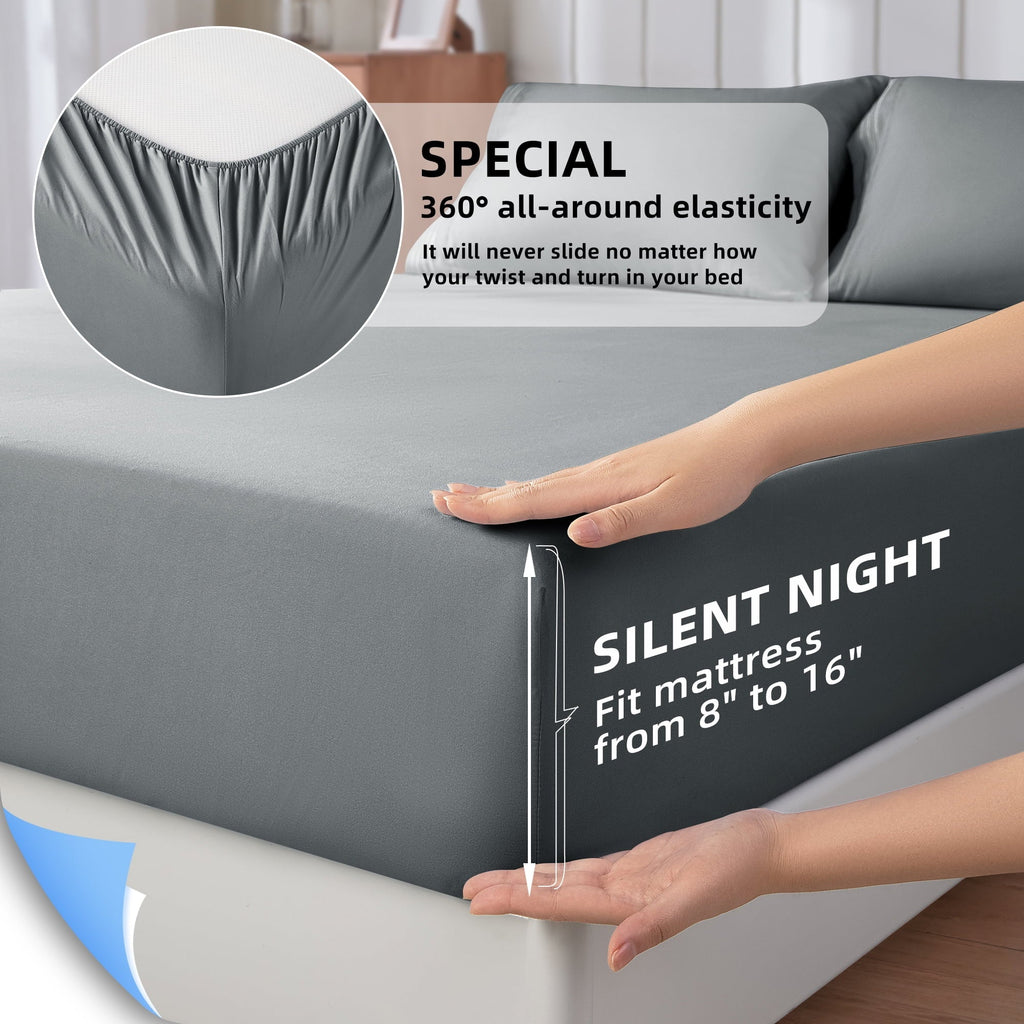 Cooling Sateen Shilucheng 4 Pieces Luxury Bed Sheets Set, Plush Microfiber Bed Sheets, 16" Deep Pocket, Queen, Dark Gray - Premium Ultra-Soft Pillowcase Pair for Sleeping Detail