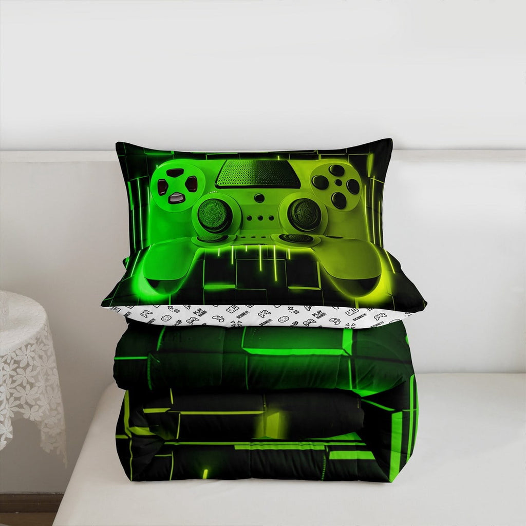 Fluffy Down Alternative Green Yellow Gaming Full Size Comforter Sets - Gamer Comforter Full Size Bedding Set, Neon Lights Abstract Geometry D... - Luxurious Quilted Duvet Cover Set Detail
