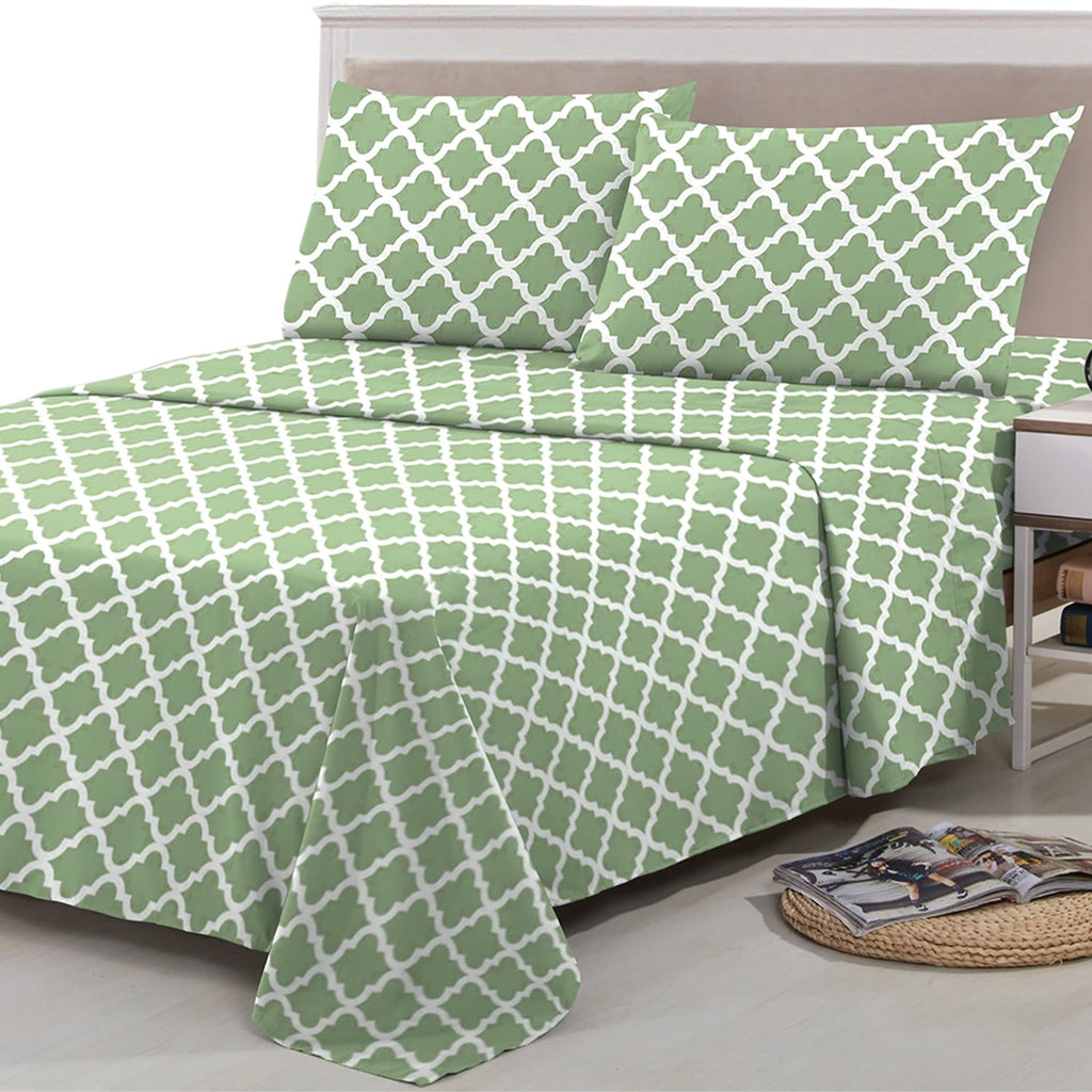 Ultra-Soft Quatrefoil Bed Sheet Set (King, Sage/White) 4 Piece Deep Pocket 1800 Series Microfiber Bed Sheet Set Contains 1 Fitte... - Breathable Egyptian Cotton Flat & Fitted Sheets Detail