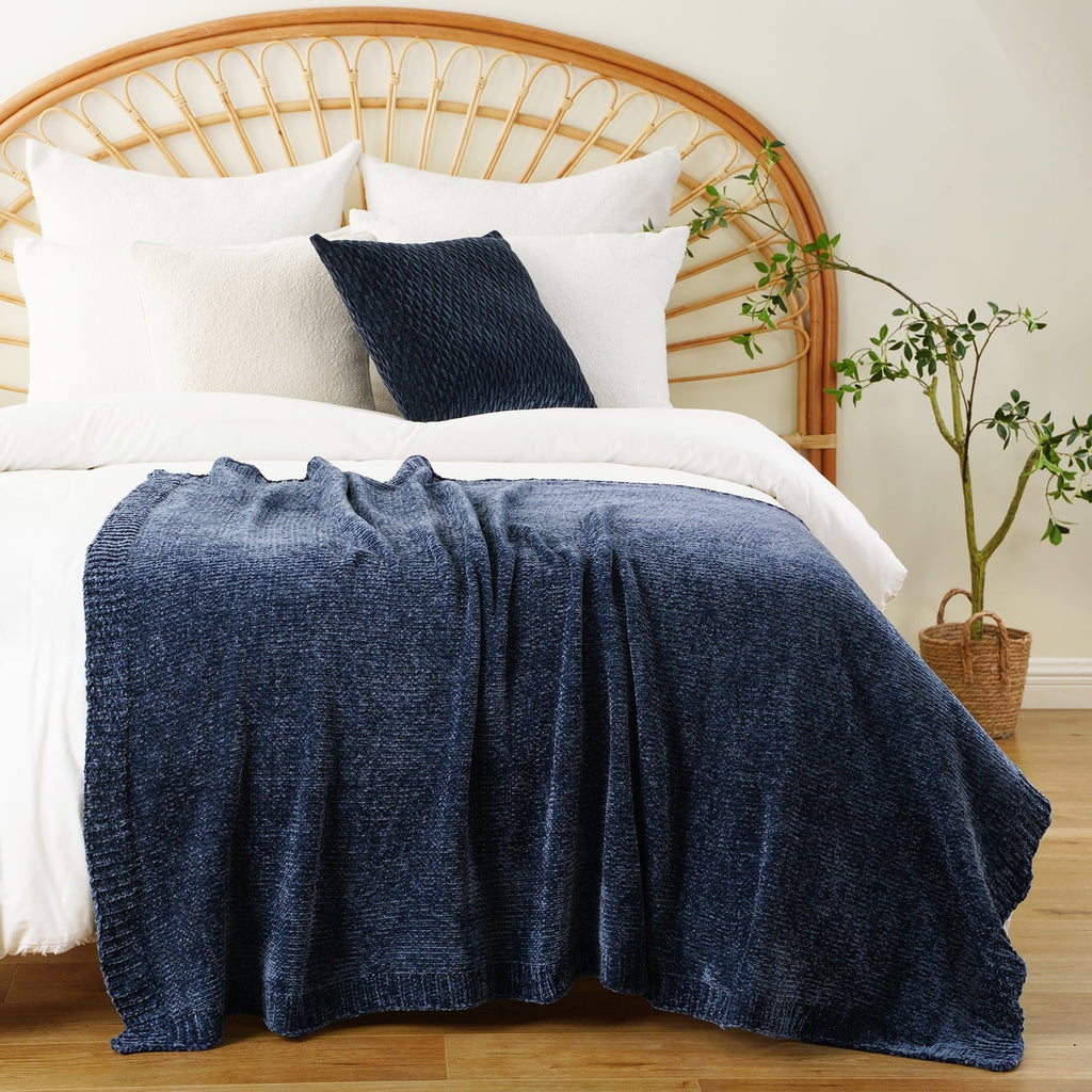 Decorative Knitted Navy Blue Chenille Throw for Couch Bed,Soft Navy Knit Blanket, Housewarming Gifts, 51"x 67" - Luxury Knitted Decorative Throw Blanket with Fringes Detail