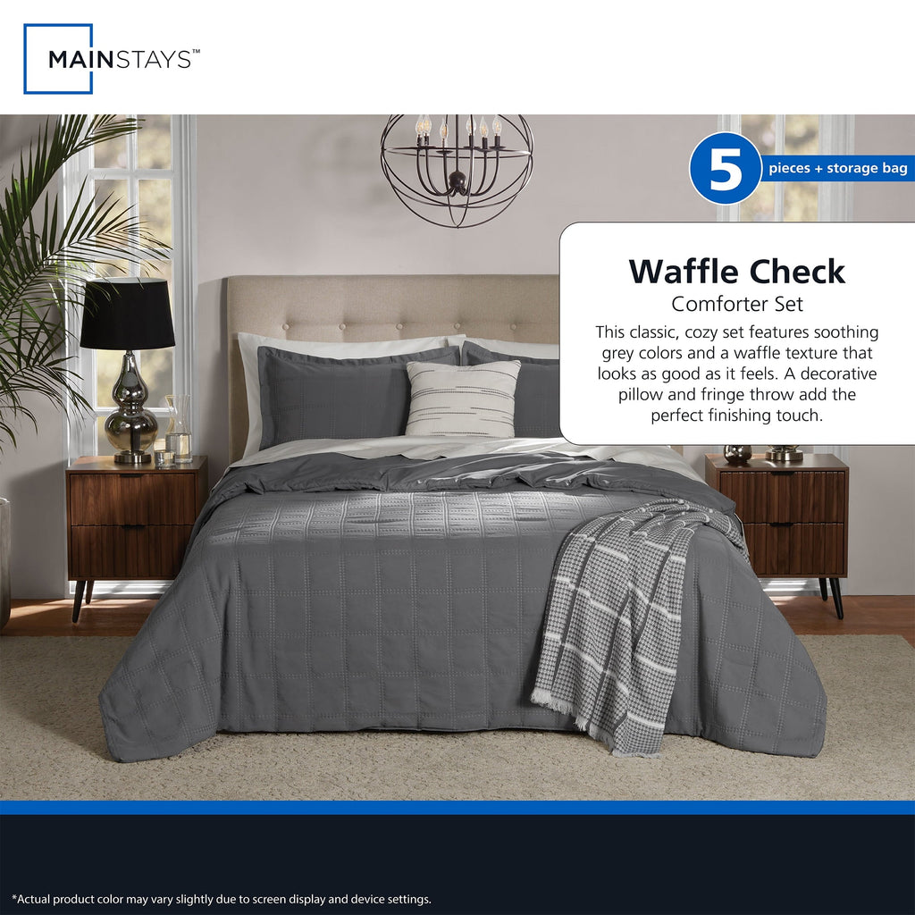 Fluffy Down Alternative Full/Queen Comforter Set, All-Season, 5-Piece, Grey Waffle Check - All-Season Down Alternative Comforter Insert Detail