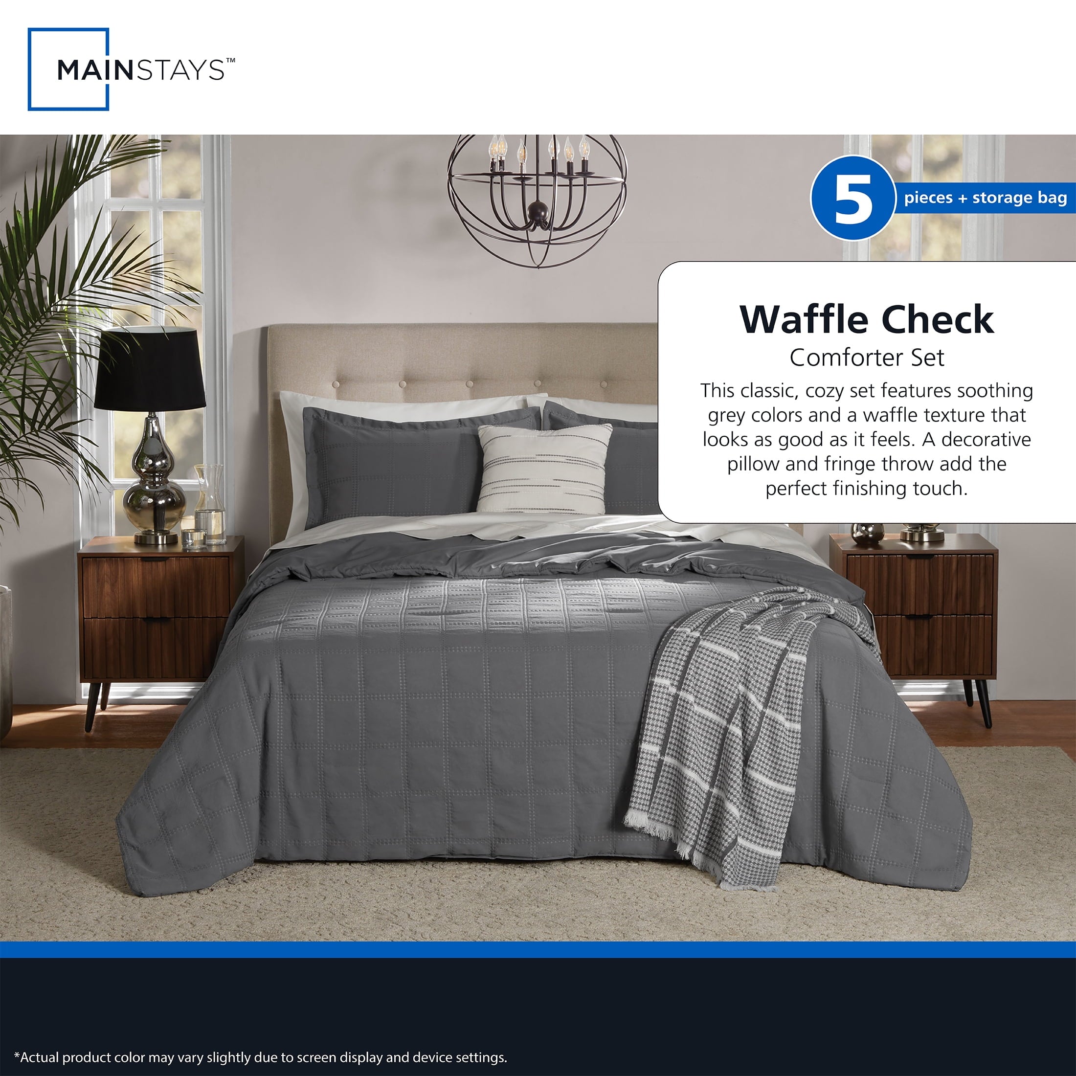 Fluffy Down Alternative Full/Queen Comforter Set, All-Season, 5-Piece, Grey Waffle Check - All-Season Down Alternative Comforter Insert Detail