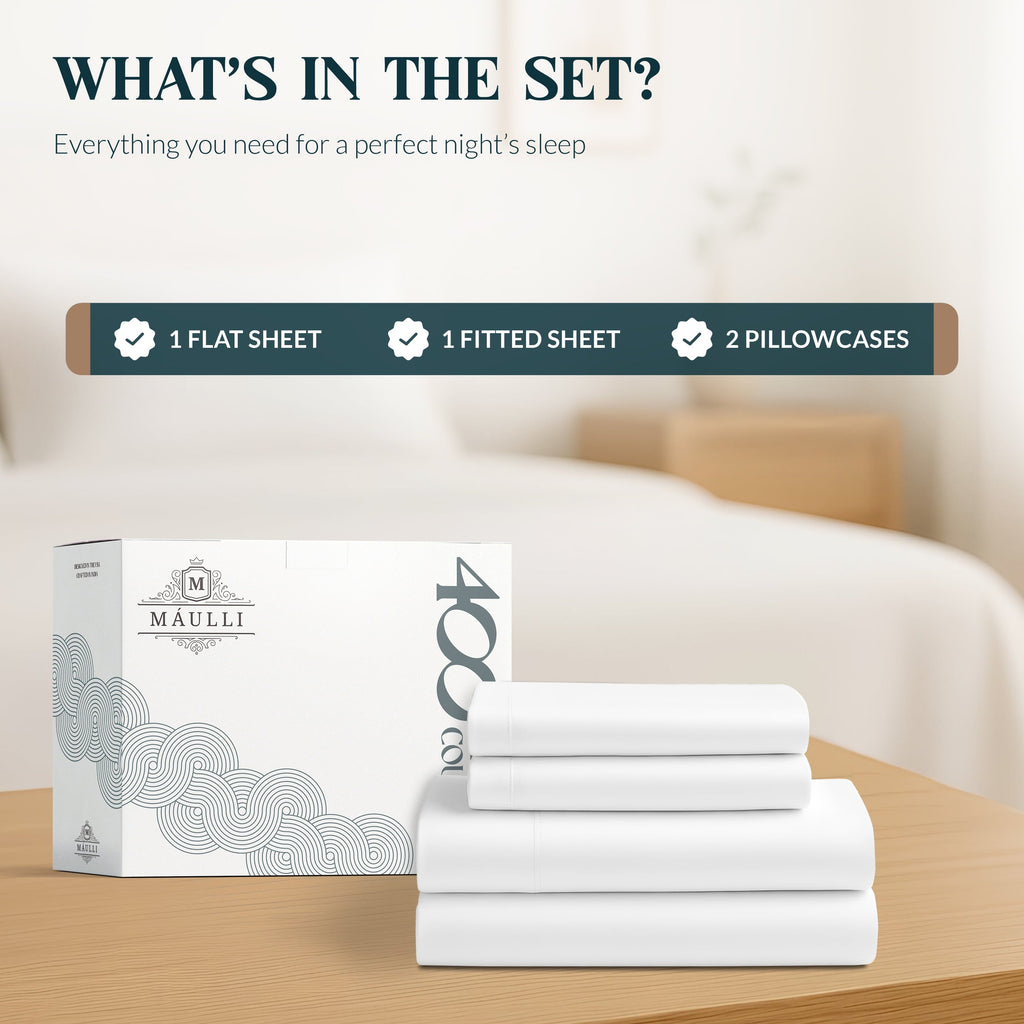 Wrinkle-Resistant 100% Cotton Sheets For Queen Size Bed - Luxury 400 Thread Count Queen Sheet Set, 4 Piece Sateen Weave Queen White Cot... - Premium Ultra-Soft Pillowcase Pair for Sleeping Detail