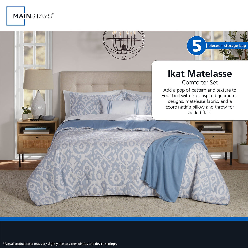 Fluffy Down Alternative Full/Queen Comforter Set, All-Season, 5-Piece, Blue Matelasse Ikat - All-Season Down Alternative Comforter Insert Detail