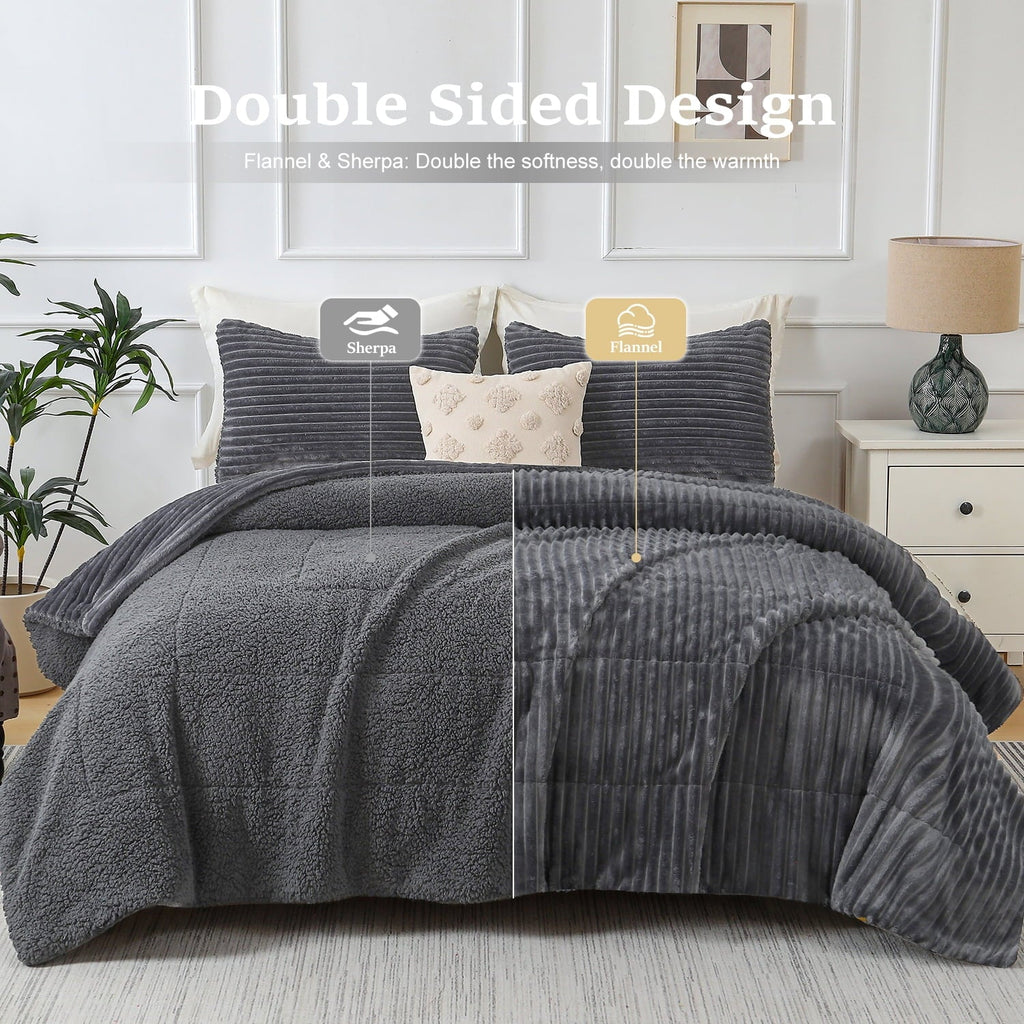 Heavyweight Warmth 3 Piece Fleece Queen Comforter Set - Soft & Warm Fluffy Dark Gray Sherpa Bedding , Fuzzy Heavy Double Sided Design Wi... - Cloud-Like Soft Lightweight Bed Comforter Detail