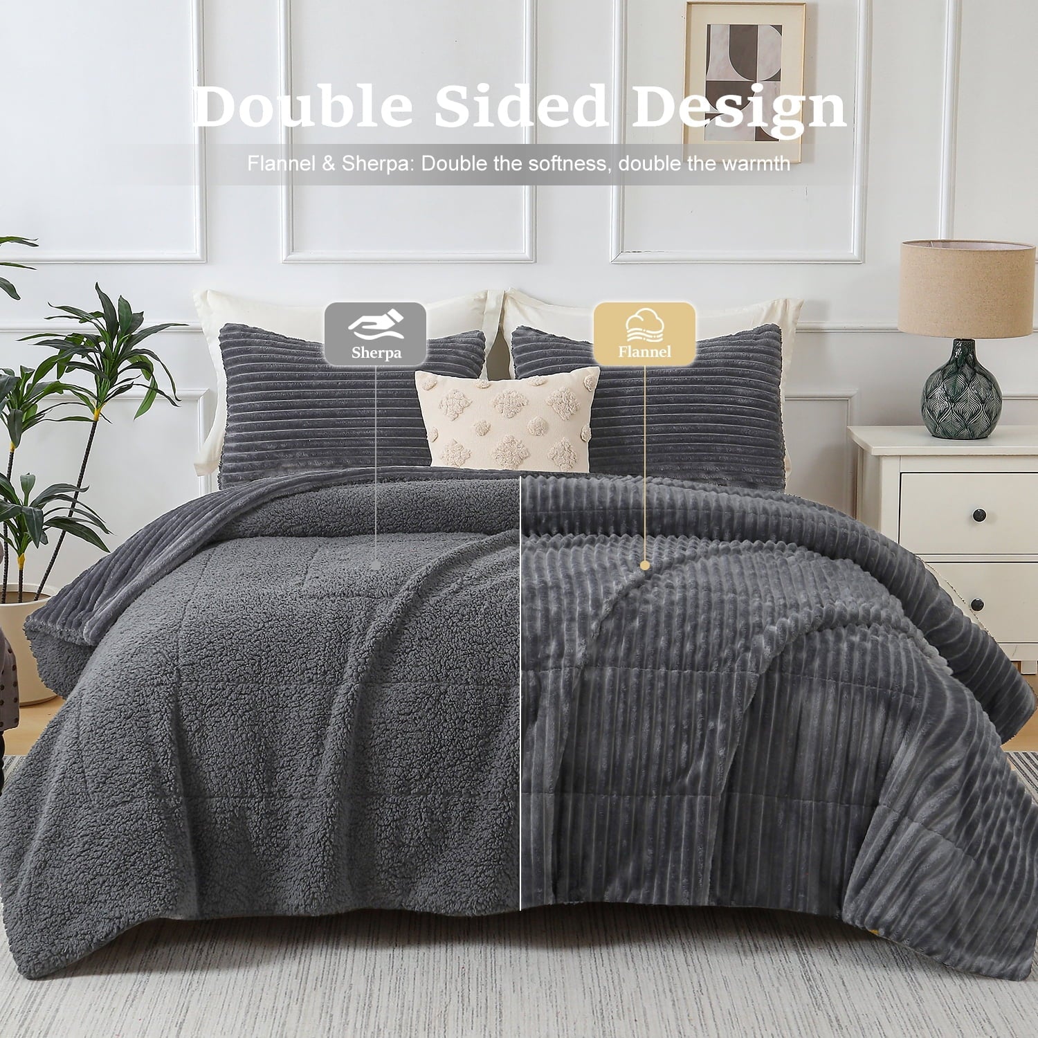 Heavyweight Warmth 3 Piece Fleece Queen Comforter Set - Soft & Warm Fluffy Dark Gray Sherpa Bedding , Fuzzy Heavy Double Sided Design Wi... - Cloud-Like Soft Lightweight Bed Comforter Detail