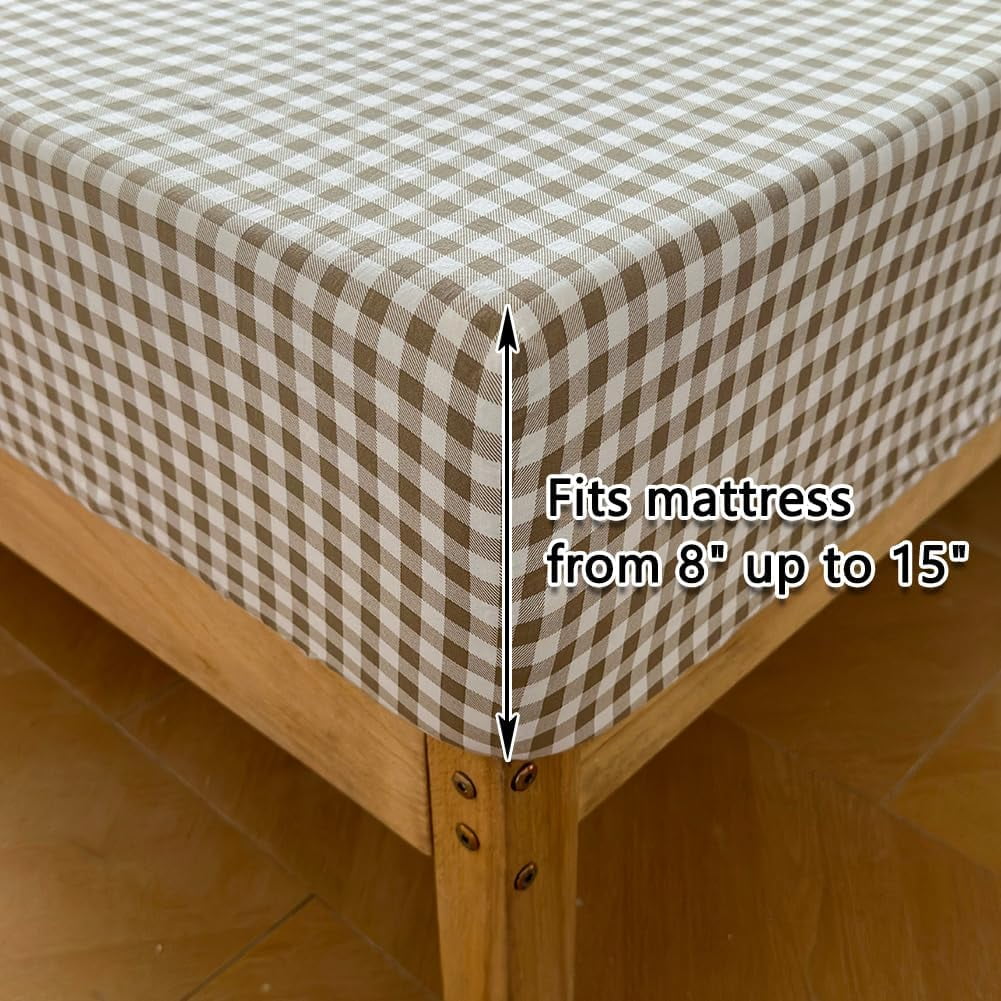 Premium Egyptian Cotton Tan Gingham Ruffle Queen Sheet Set, Taupe Soft Pre-Washed Microfiber Plaid Ruffled Queen Bed Sheets, 4-Pieces Farmhou... - Breathable Egyptian Cotton Flat & Fitted Sheets Detail