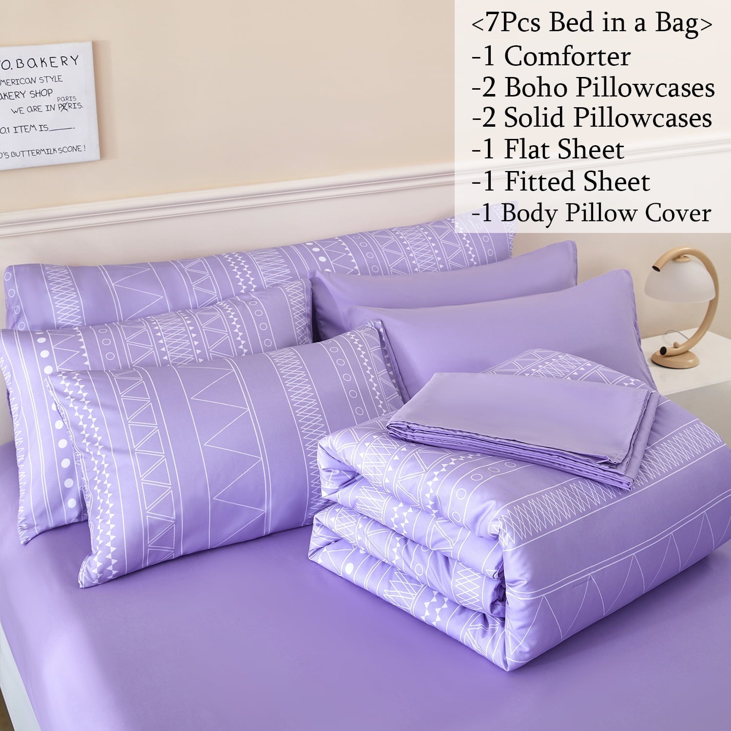 All-Season 8-Pieces Boho Bedding Set Full Lavender Striped Bed in a Bag for Girls Women Soft Fluffy Purple Comforter Set with Sh... - Cloud-Like Soft Lightweight Bed Comforter Detail