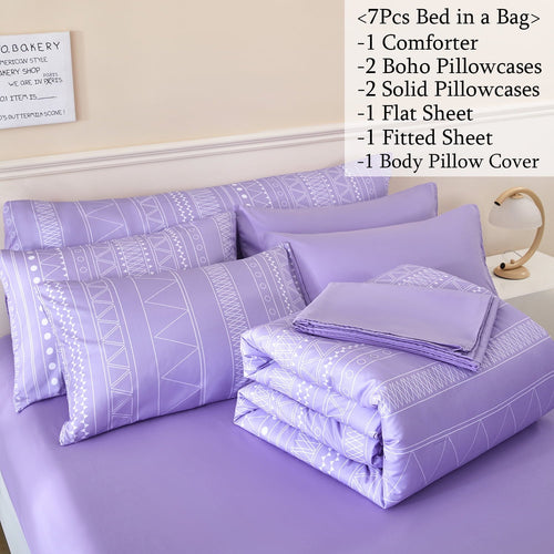 All-Season 8-Pieces Boho Bedding Set Full Lavender Striped Bed in a Bag for Girls Women Soft Fluffy Purple Comforter Set with Sh... - Cloud-Like Soft Lightweight Bed Comforter Detail