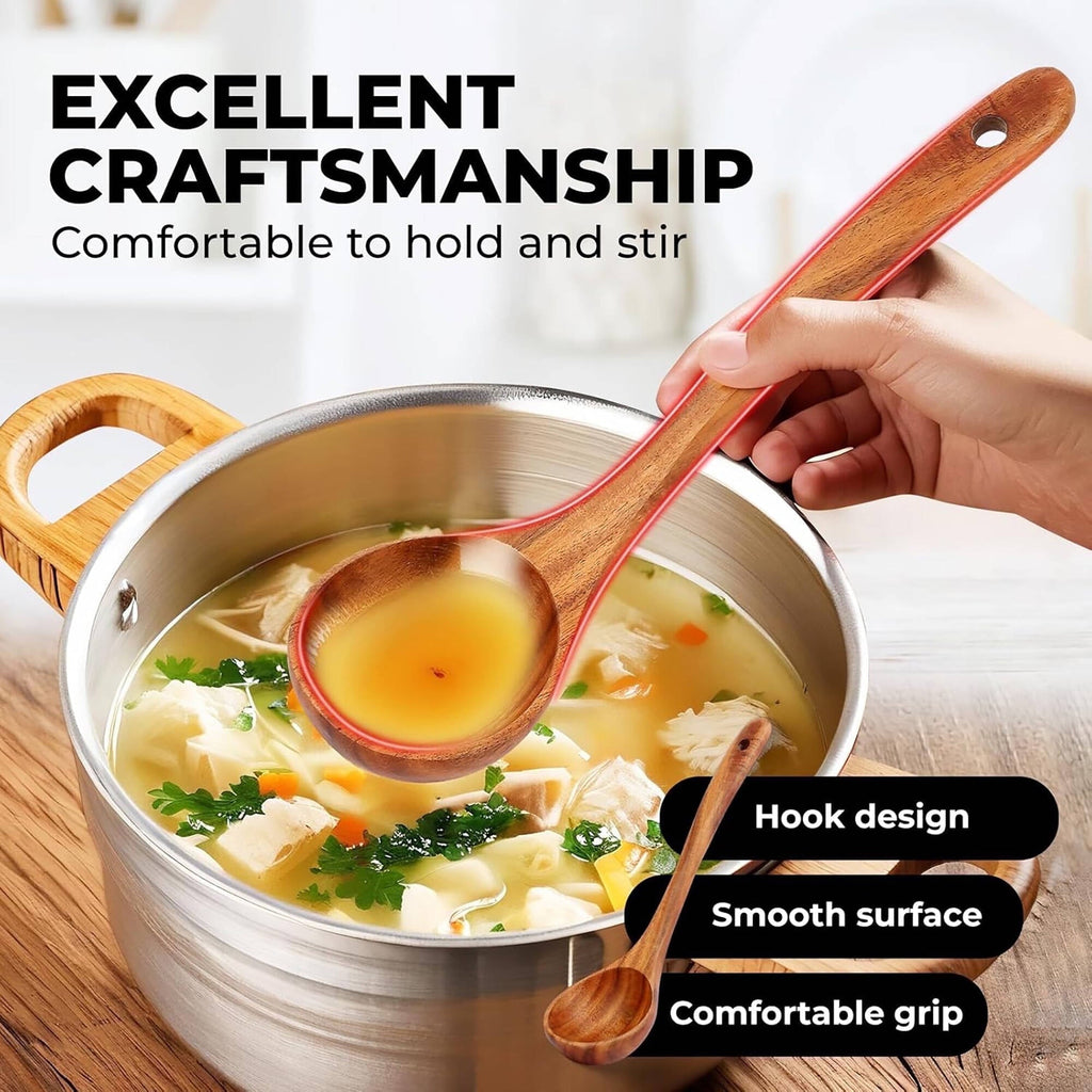 Non-Stick Safe 6-Piece Natural Teak Wooden Spoons for Cooking With 10 Hooks，Handcrafted Kitchen Utensils Set ，Ideal Gift Set - Ergonomic Kitchen Tongs and Cooking Spoon Utensil Detail