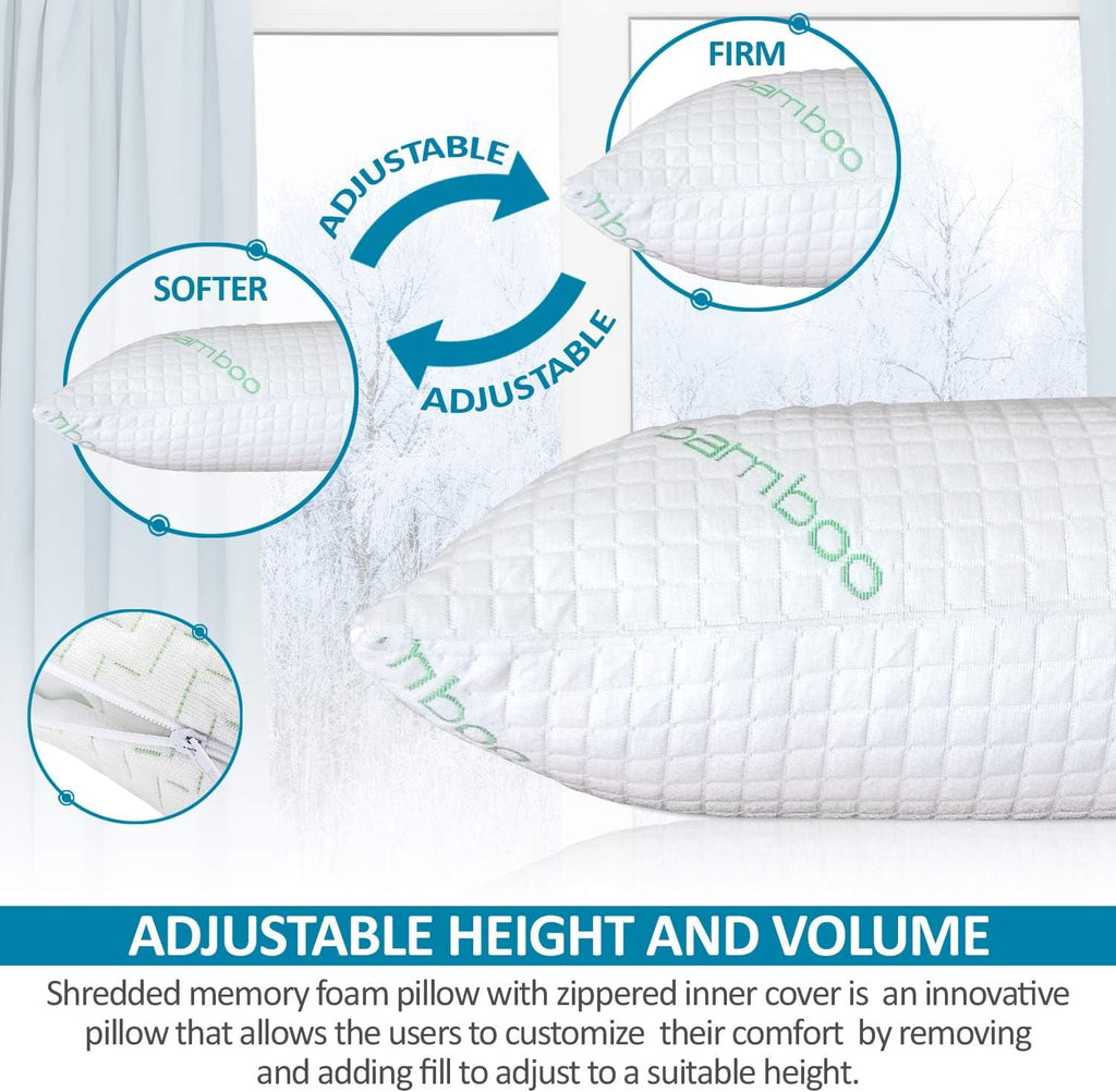 Ergonomic Memory Foam Queen Size Bamboo Pillow, Memory Foam Bed Pillows with Washable Pillowcases, Queen - Hotel Quality Plush Sleeping Pillows Detail