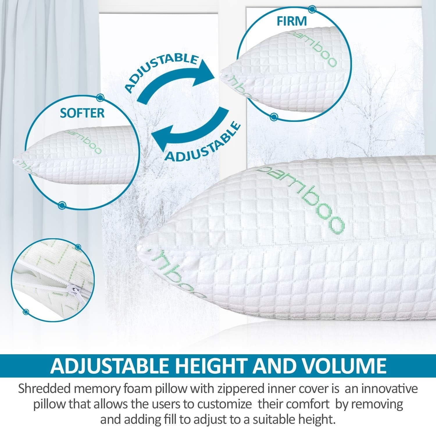Ergonomic Memory Foam Queen Size Bamboo Pillow, Memory Foam Bed Pillows with Washable Pillowcases, Queen - Hotel Quality Plush Sleeping Pillows Detail