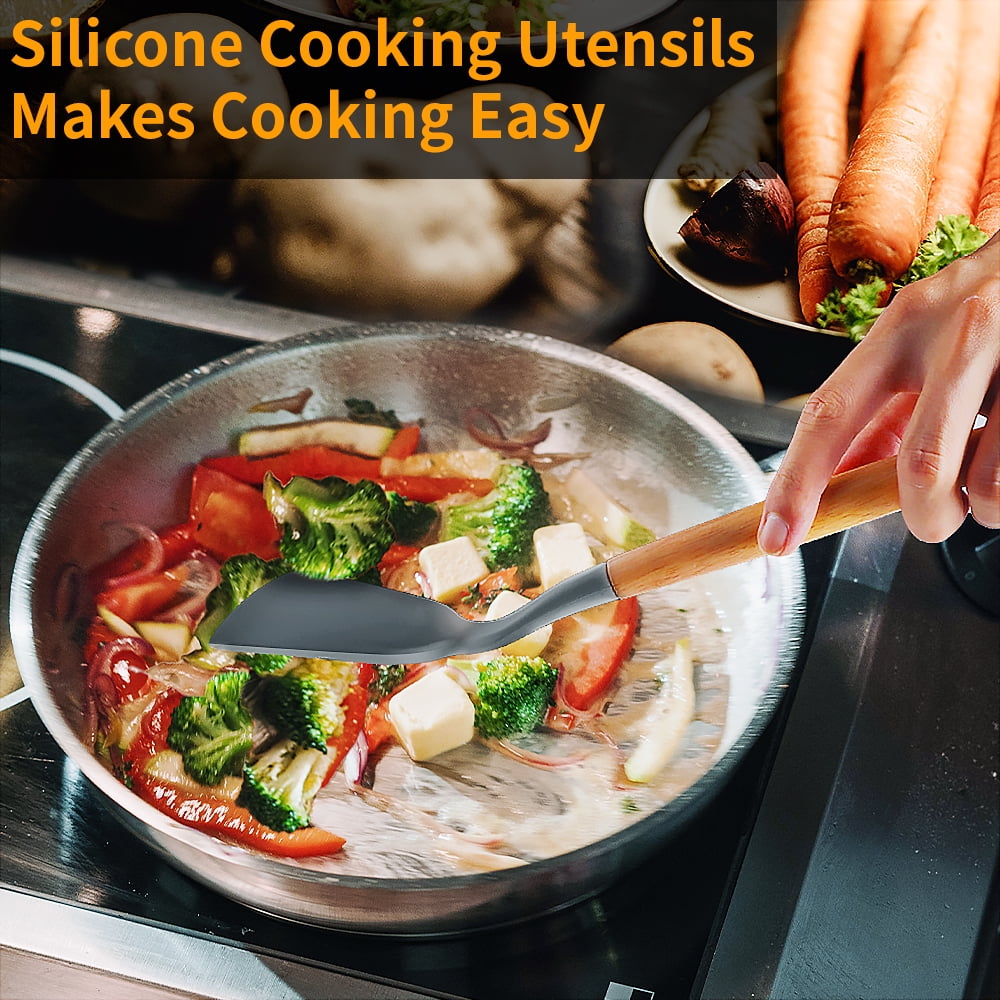 Non-Stick Safe Silicone Wooden Heat Resistant Kitchen Utensil Set, 12 pcs - Premium Stainless Steel Cooking Utensil for Non-Stick Pots Detail