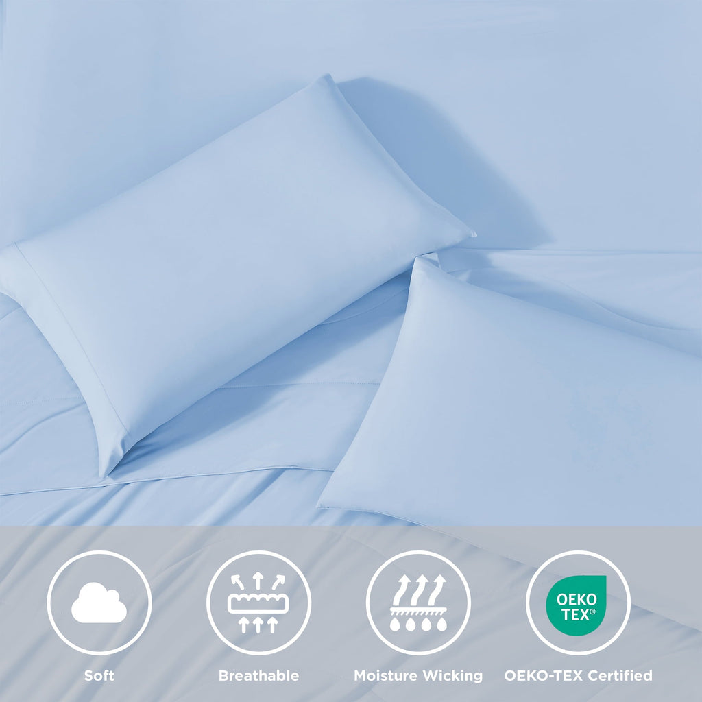 Cooling Sateen Full/QueenSize Sheet Set, 3 Piece Cooling Bed Sheet with Deep Pocket for Hot Sleepers, Ice Blue - Luxury Bed Sheet Set with Deep Pockets Detail