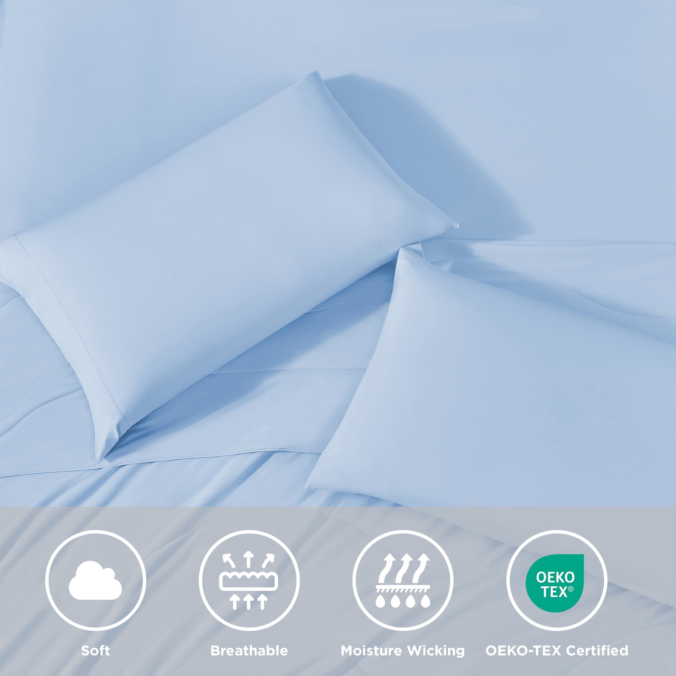 Cooling Sateen Full/QueenSize Sheet Set, 3 Piece Cooling Bed Sheet with Deep Pocket for Hot Sleepers, Ice Blue - Luxury Bed Sheet Set with Deep Pockets Detail