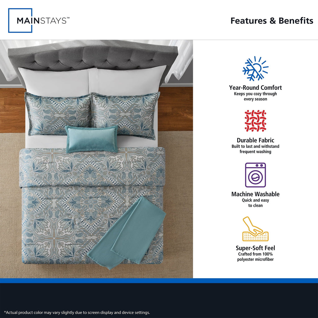 Fluffy Down Alternative Full/Queen Comforter Set, All-Season, 5-Piece, Teal Jacquard Medallion - All-Season Down Alternative Comforter Insert Detail