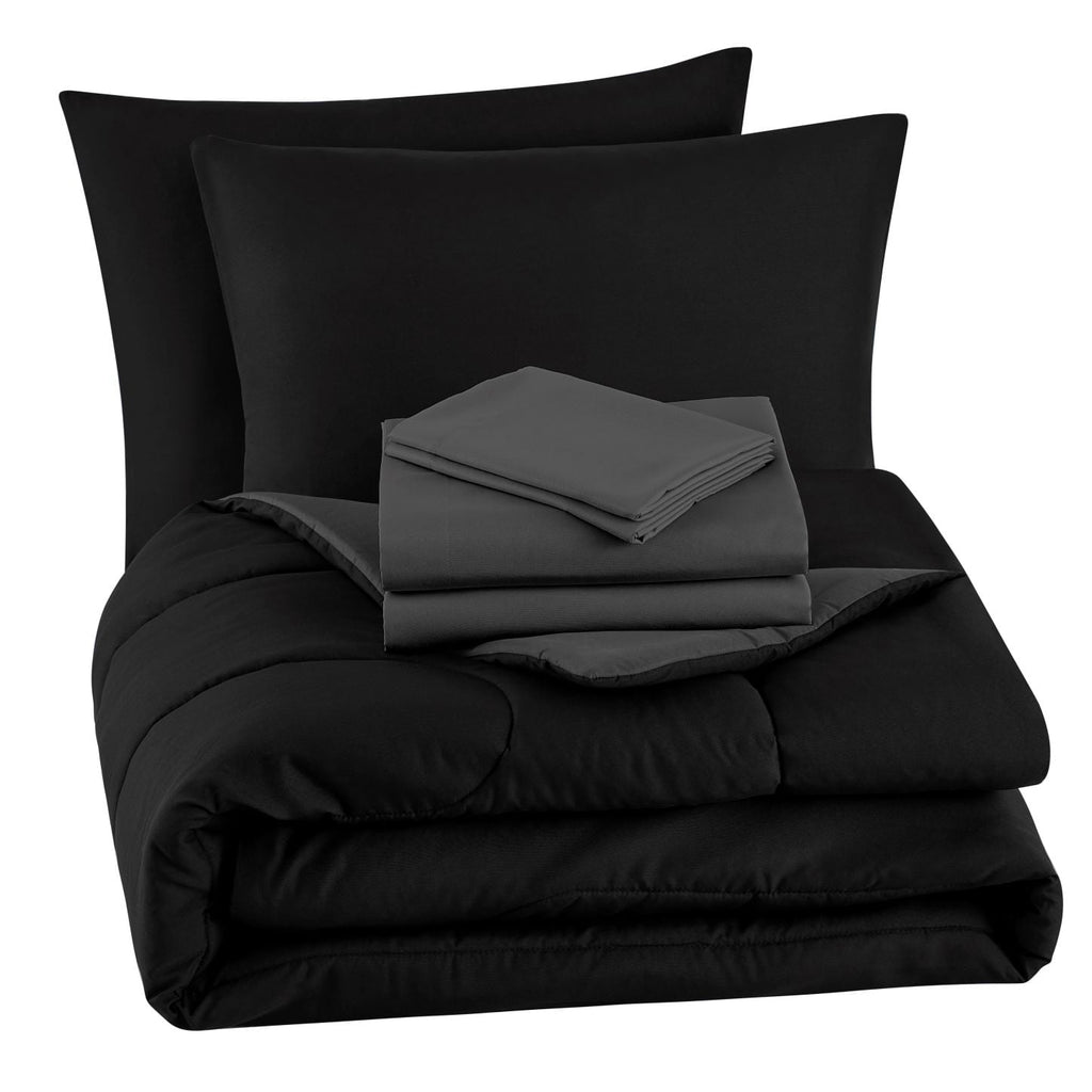 Fluffy Down Alternative 7 Piece Reversible Bed in a Bag Comforter Set with Sheets, Black, King - Luxurious Quilted Duvet Cover Set Detail