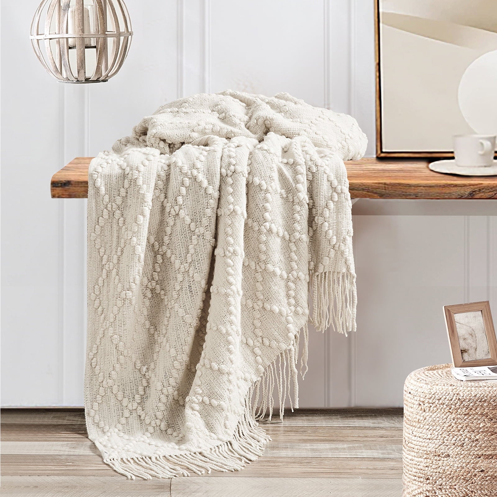 Super Soft Flannel Texture Pure Color Soft Throw Blanket and Sofa Or Bed Knitted Decorative Blanket 50 x70 inches Jacquard Diamond Beige... - Lightweight Plush Warm Blanket for All Seasons Detail