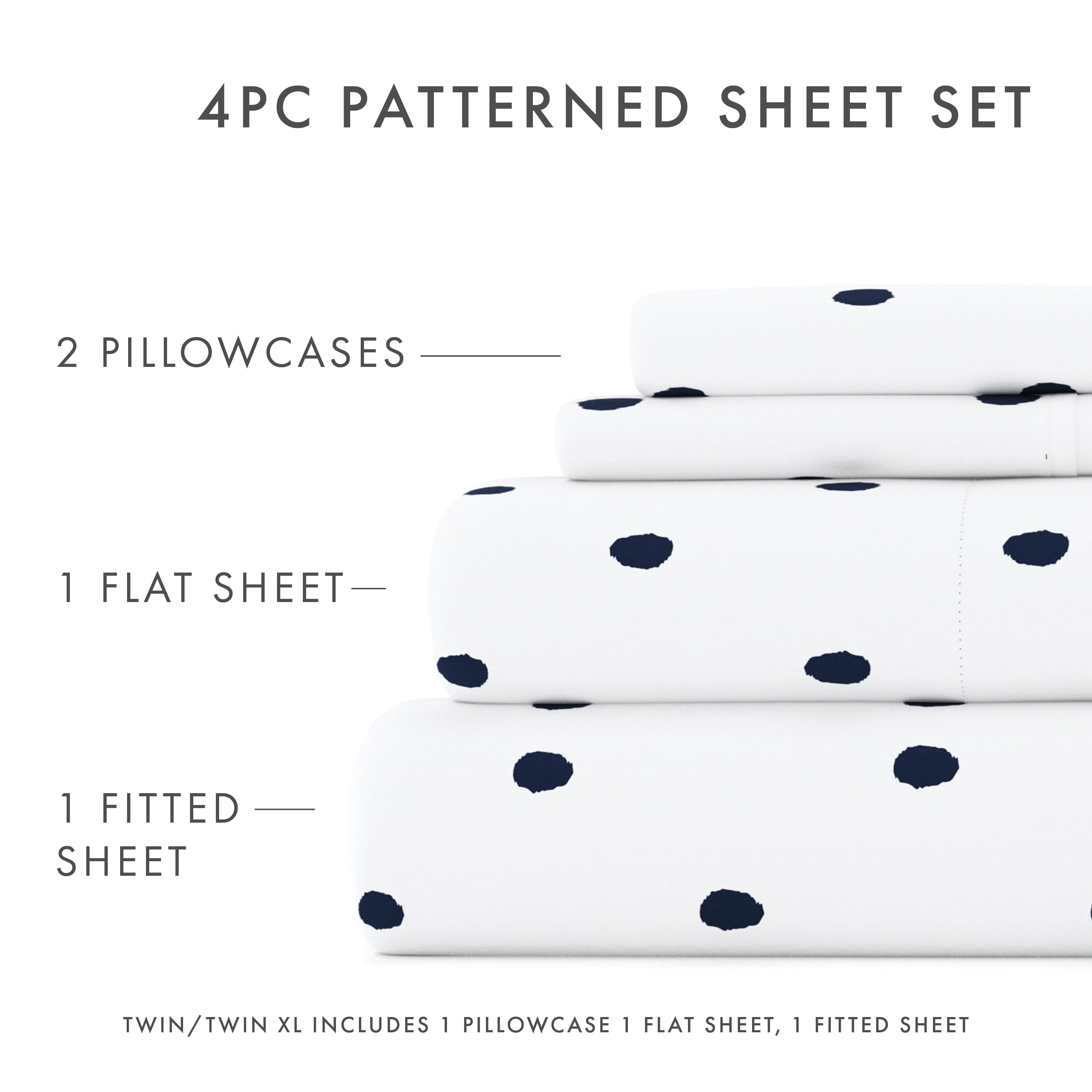 Ultra-Soft 4 Piece Pattern Microfiber Bed Sheets Set, Navy Dots, California King - Luxury Bed Sheet Set with Deep Pockets Detail