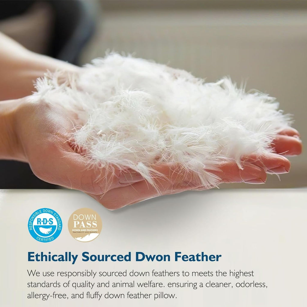 Hotel Collection Hypoallergenic 3‑Chamber Goose Feather Down Core Bed Pillows, Standard Size Set of 2, With Microfiber Surround, Soft-... - Hotel Quality Plush Sleeping Pillows Detail