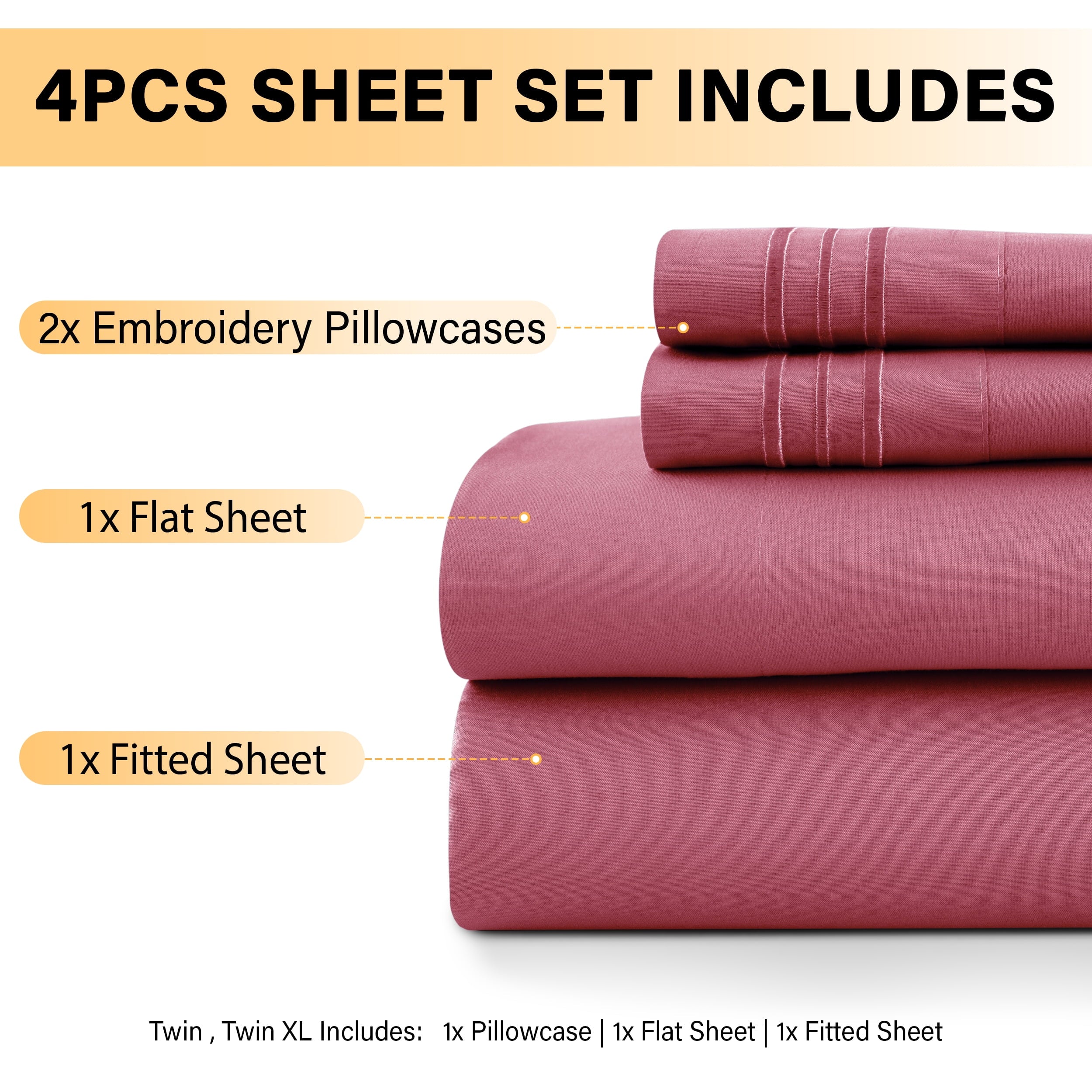 Wrinkle-Resistant Size Sheet Set, 4-Piece Plain Soft Microfiber – Deep Pocket Bed Sheets, Includes 1 Fitted Sheet, 1 Flat Sheet, 2 Pill... - Luxury Bed Sheet Set with Deep Pockets Detail