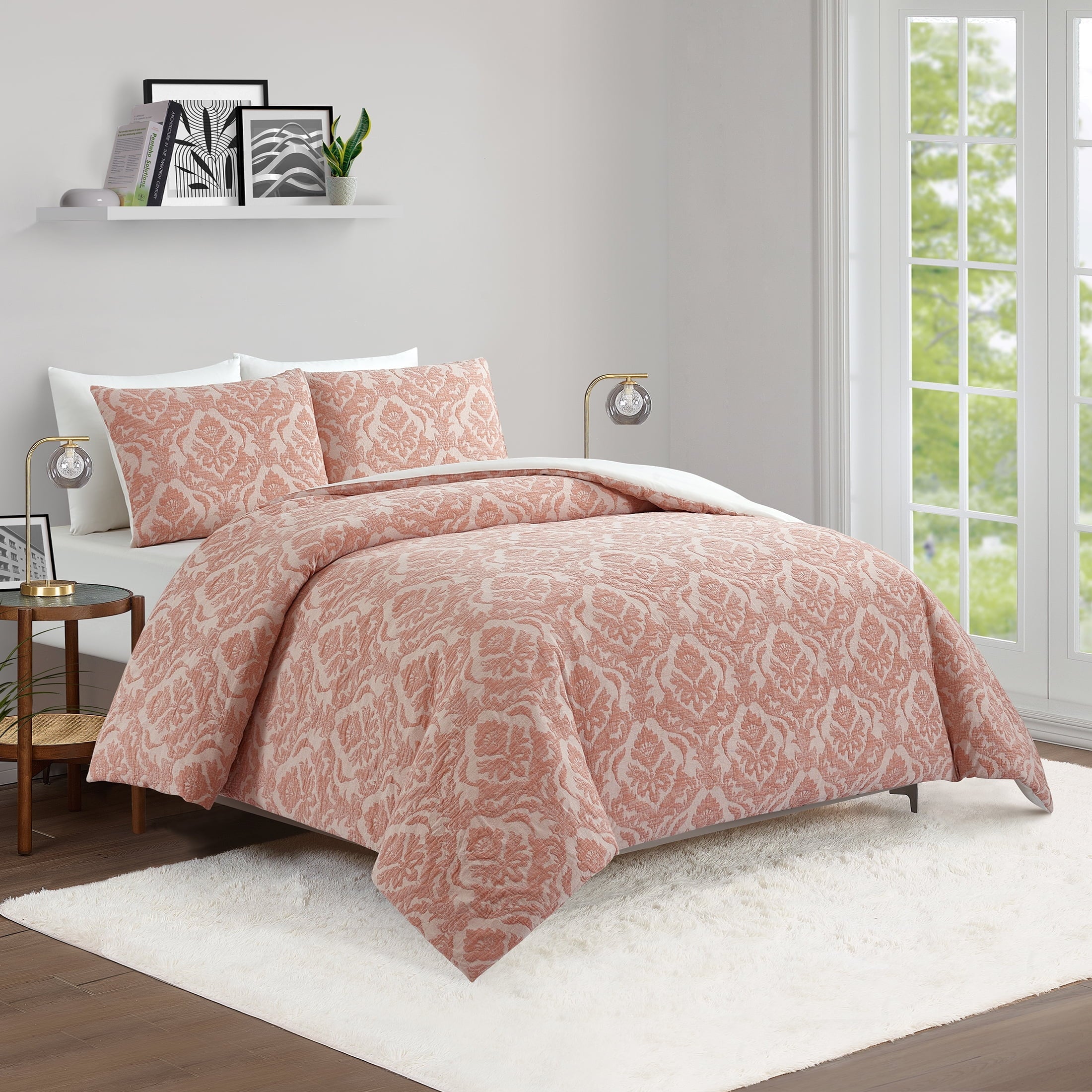 Luxurious Quilted Woven Damask 2-Piece Comforter Set, Blush, Full Queen, All Ages - Hypoallergenic Ultra-Fluffy Quilt for Winter Detail