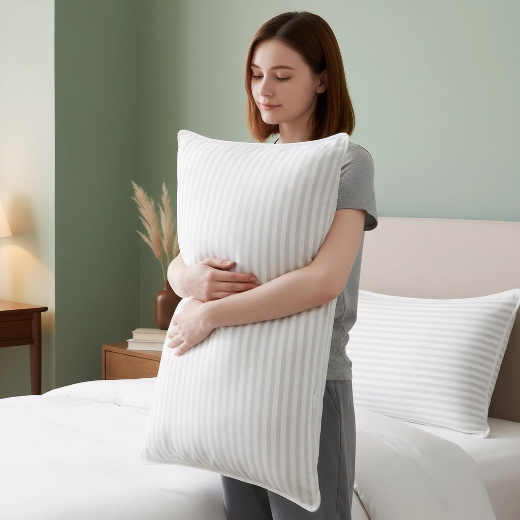 Hotel Collection Bed Pillow with White Stripes - Set of 2 - Ultra Cozy & Relaxing For Adults, (Queen, 28"L x 20" W) - Ergonomic Memory Foam Pillow for Neck Pain Support Detail