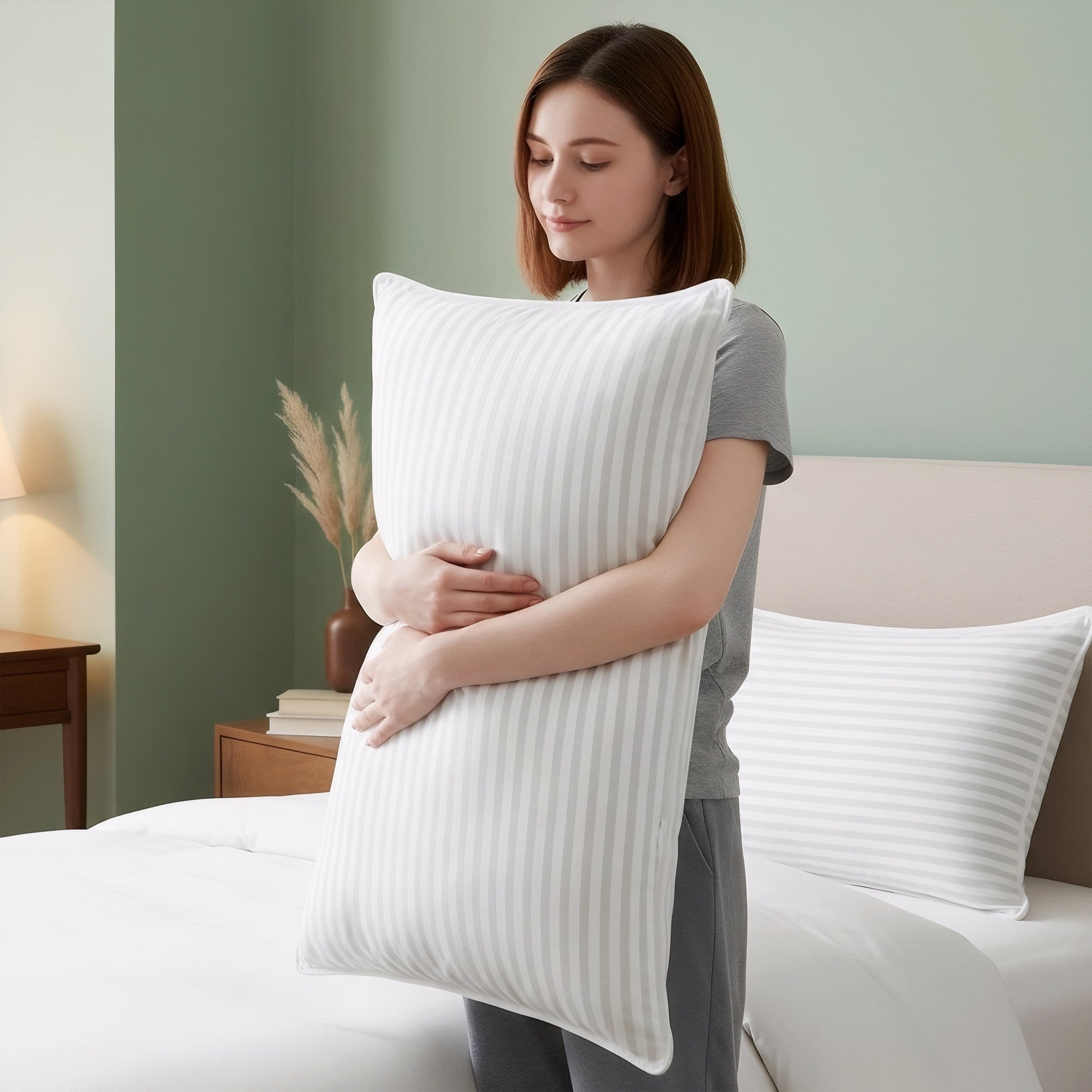 Hotel Collection Bed Pillow with White Stripes - Set of 2 - Ultra Cozy & Relaxing For Adults, (Queen, 28"L x 20" W) - Ergonomic Memory Foam Pillow for Neck Pain Support Detail