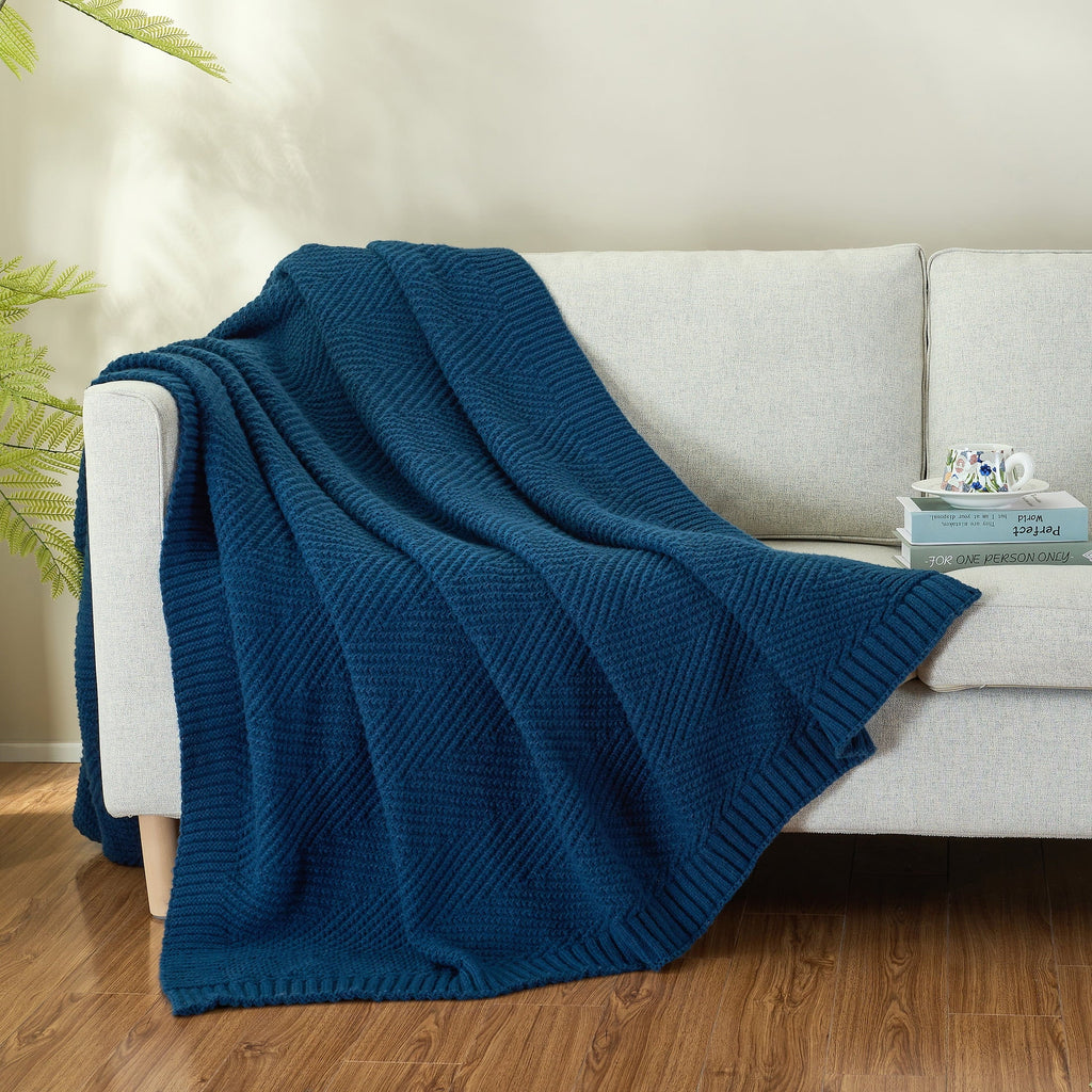 Cozy Fleece Soft Knitted Throw Blanket 50" x 60" Navy Blue, Boho Chevron Farmhouse Throw for Bed Couch - Super Soft Reversible Sherpa Flannel Blanket Detail