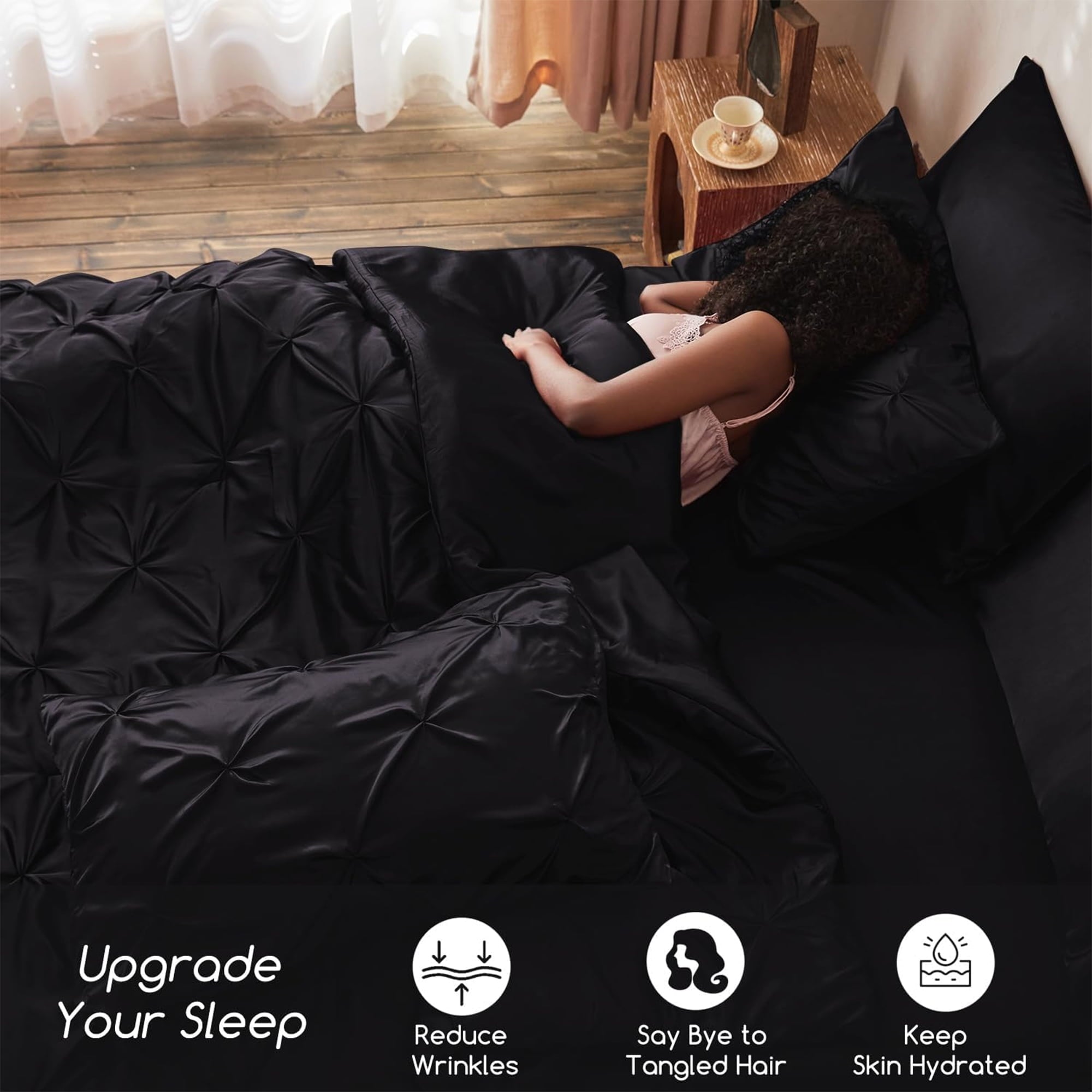 Luxurious Quilted Satin Comforter Set 7 Pieces Queen Size - Luxurious Pinch Pleat Bed in a Bag with Satin Comforter, Satin Sheets, Sati... - All-Season Down Alternative Comforter Insert Detail