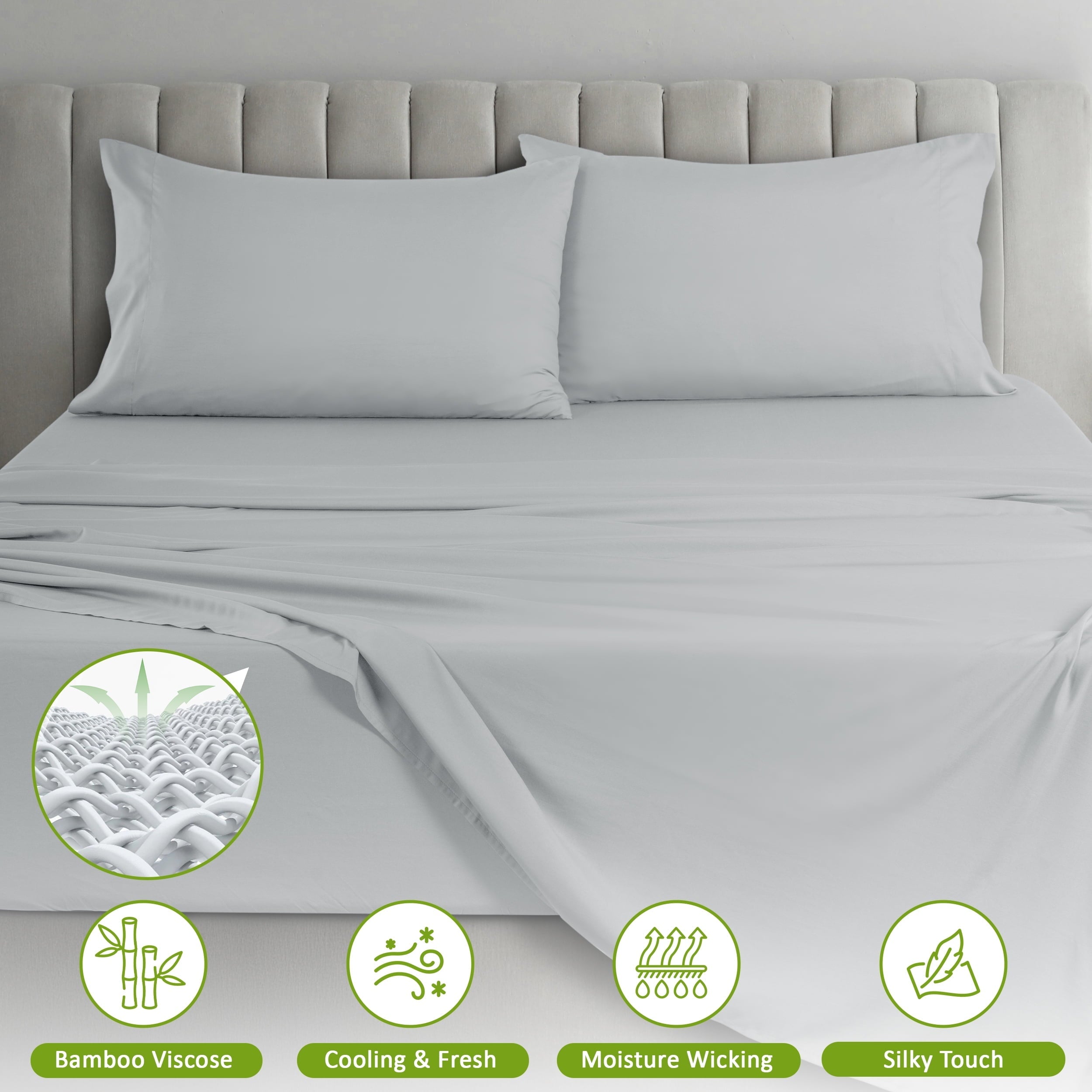 Breathable Luxury Rayon - 4 Piece Cooling Bed Sheets Set, Gray - Cooling Hotel Quality Bedding Sheets and Pillowcases Detail