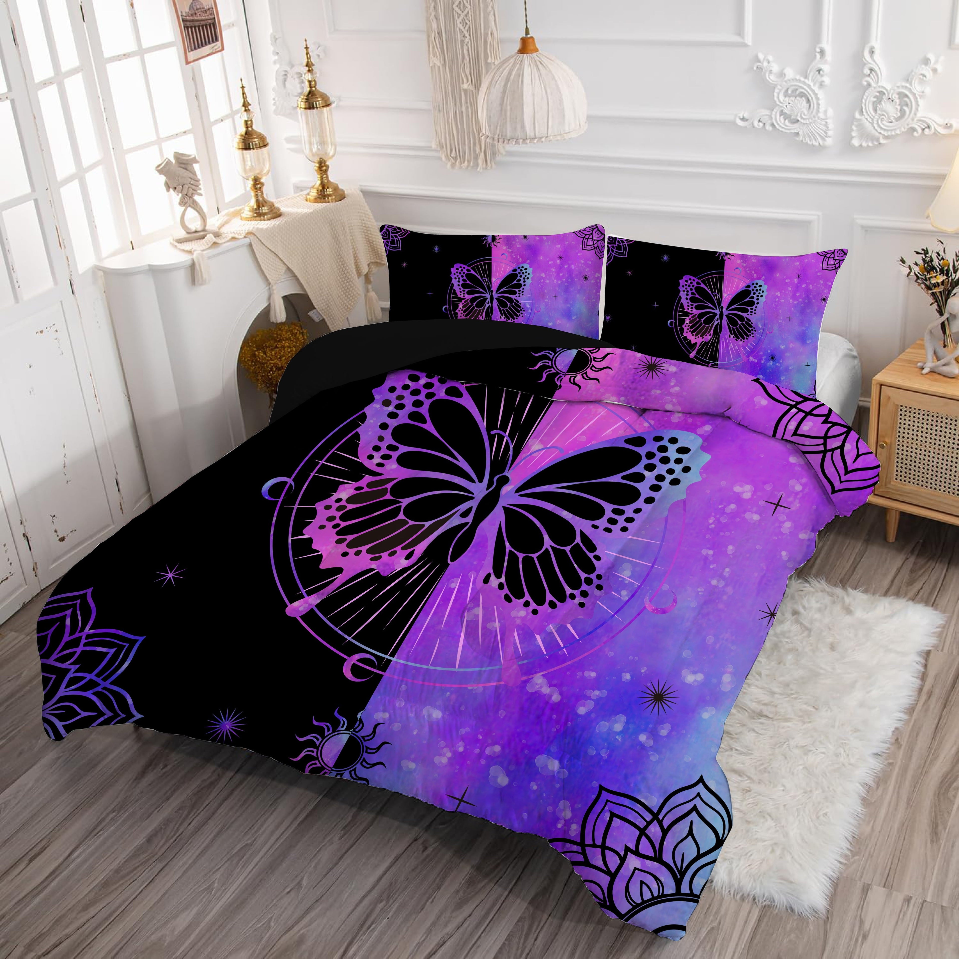 Luxurious Quilted Butterfly Comforter Set Full Size for Girls Kids Teens Black Blue Purple Tie Dye Bedding Set 3 Pieces - Luxurious Quilted Duvet Cover Set Detail