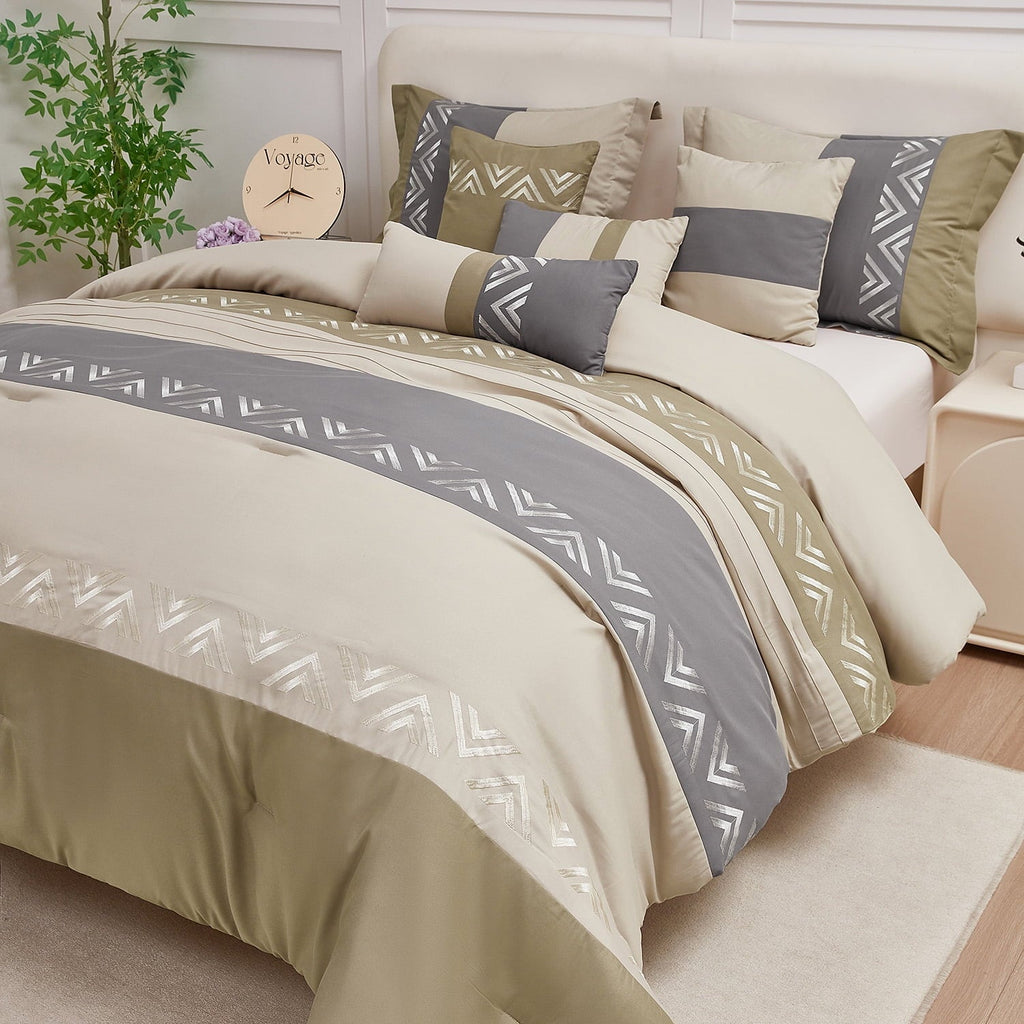 Fluffy Down Alternative 7 Piece Embroidery Design Bed-in-a-Bag, Taupe Queen Size Ultra Soft Comforter Set for Adults - All-Season Down Alternative Comforter Insert Detail