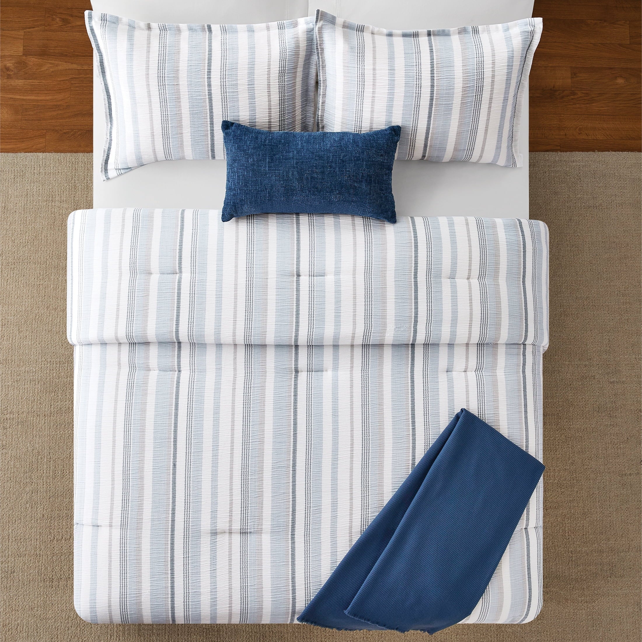 Fluffy Down Alternative Full/Queen Comforter Set, All-Season, 5-Piece, Blue Yarn Dyed Stripe - All-Season Down Alternative Comforter Insert Detail