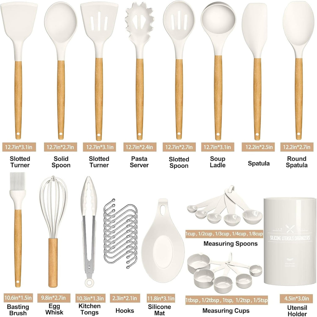 Ergonomic Cooking Kitchen Cooking Utensils Set, 33 pcs Non-stick Silicone Cooking Kitchen Utensils Spatula Set with Holder, Wooden Hand... - Durable Turner & Ladle Utensil Set for Home Chefs Detail