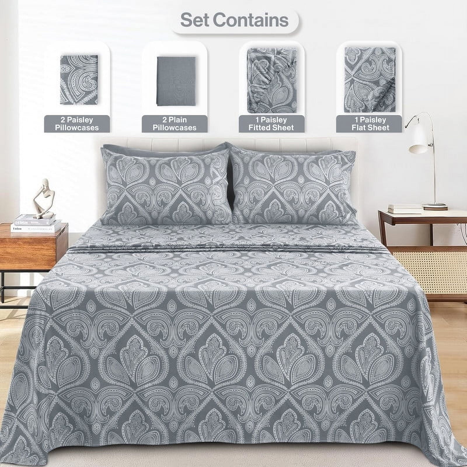 Premium Egyptian Cotton 6-Piece Bed Sheet Set, Deep Pocket Queen Sheets Up to 16 Inch, 1 Flat Sheet , 1 Fitted Sheet & 4 Pillowcases (Queen, ... - Cooling Hotel Quality Bedding Sheets and Pillowcases Detail